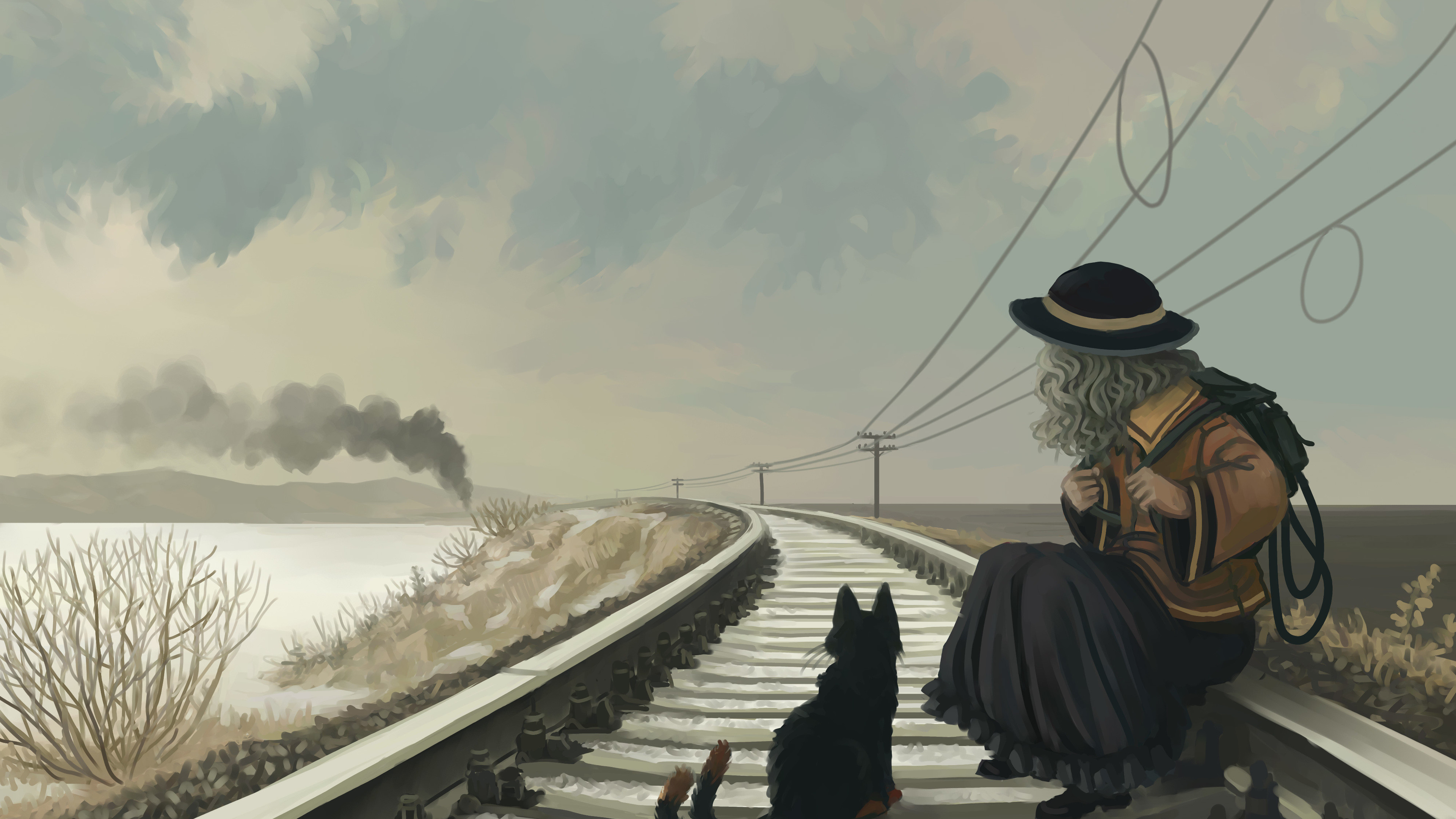 3840x2160 Anime Girl With Cat On Railroad