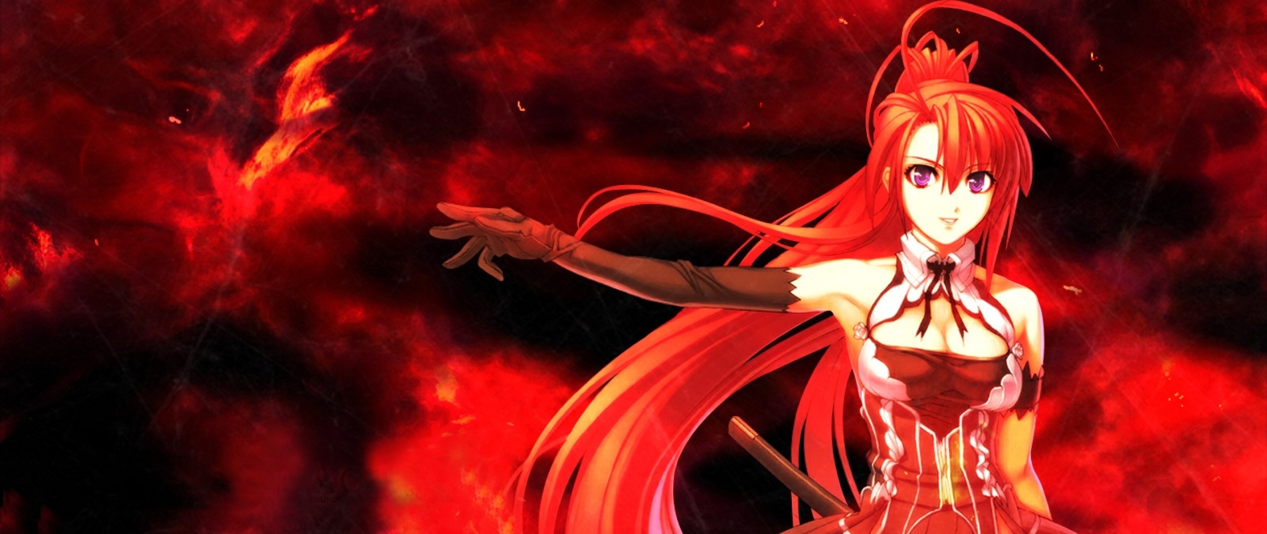 2560x1080  Wallpaper anime, girl, red, hair, sword, background