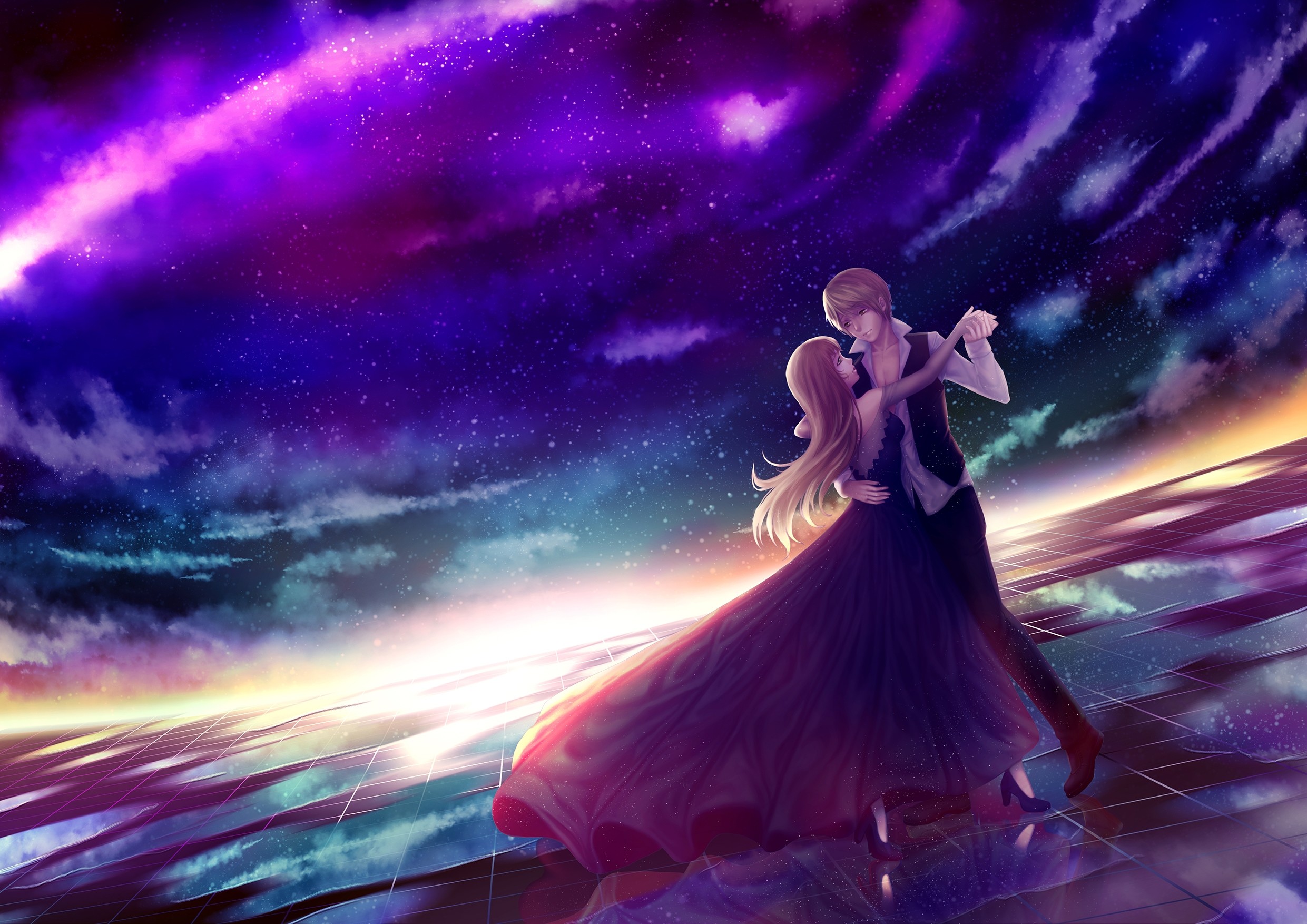 2481x1754 Anime Couple, Dancing, Stars, Sky, Romance, Dress