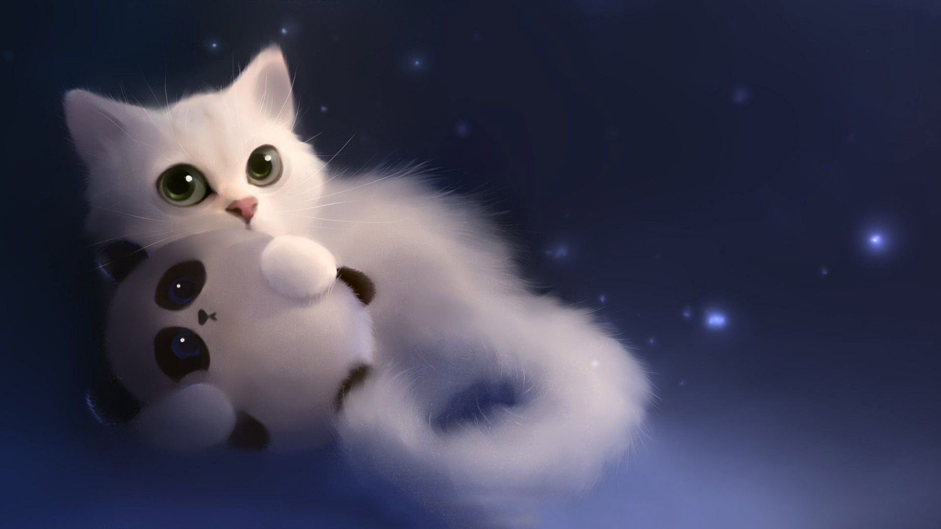 1920x1080 Fluffy white cat holding a stuffed animal HD Wallpaper 