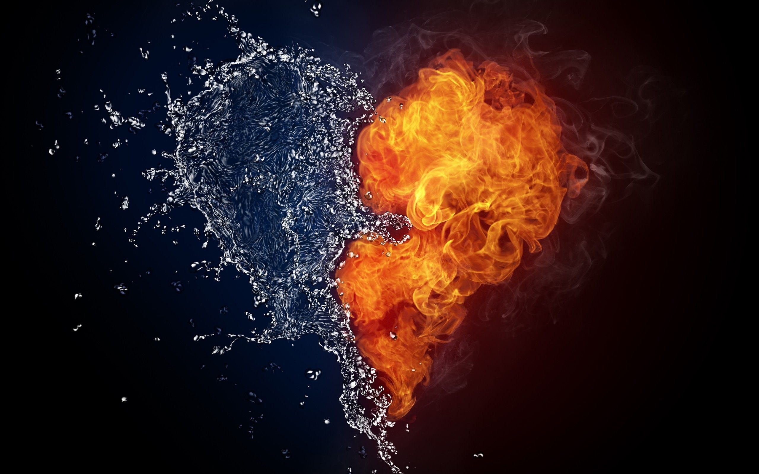 2560x1600 water flames fire hearts black background /  Wallpaper