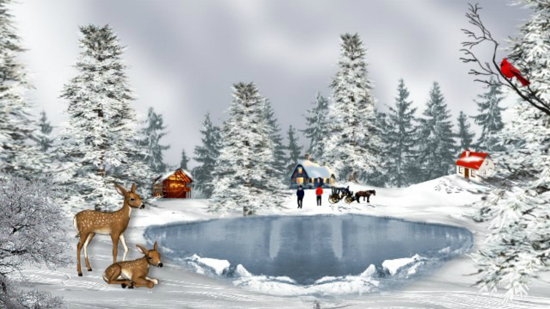 1920x1080 Holidays Season Winter Landscape Deers Greetings Wallpaper HD
