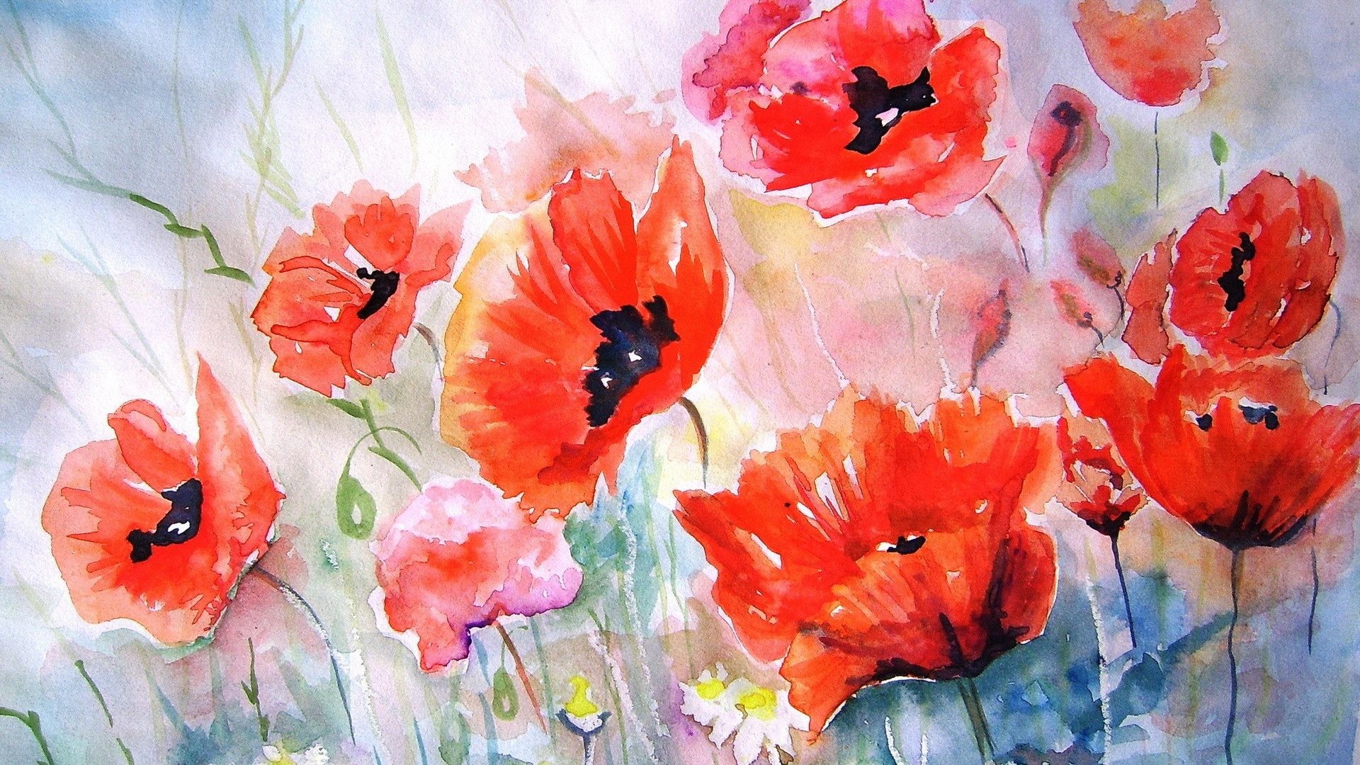 1920x1080 Nature Beautiful Painting Pretty Awesome Poppies Watercolor Flowers Artwork  Red Desktop Wallpaper Flower Pictures