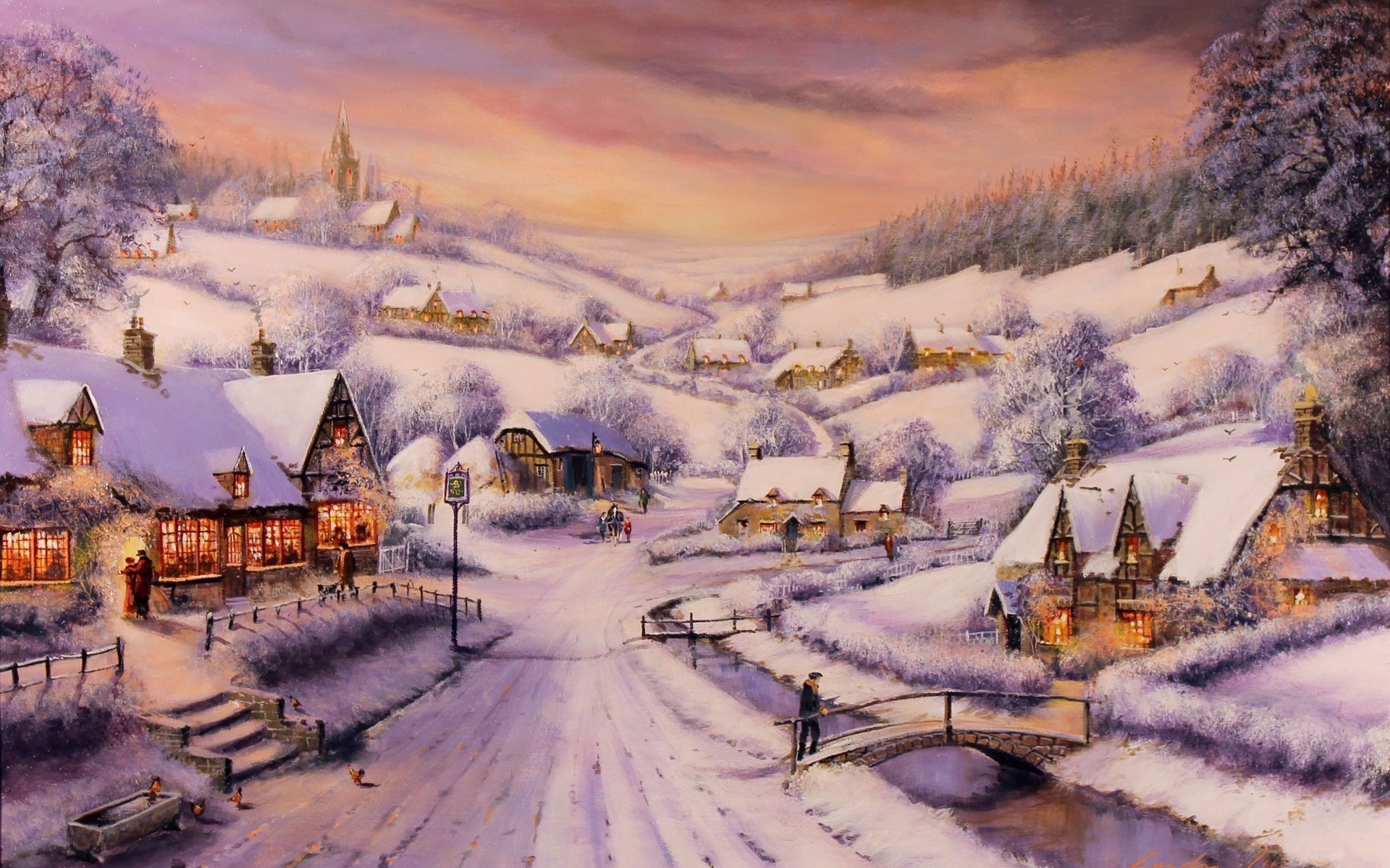 1920x1200 Gordon Lees art paintings christmas snow houses rustic .