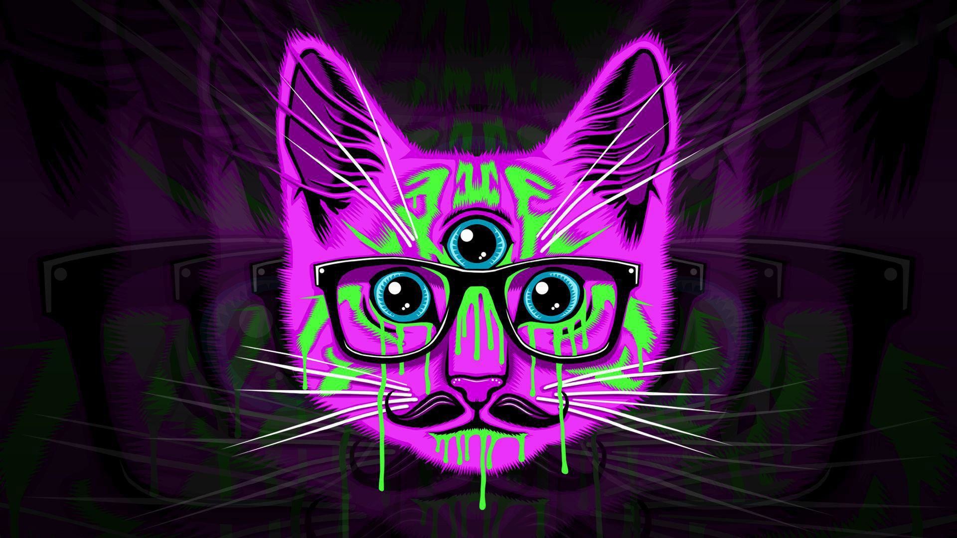 1920x1080 Psychedelic-cat-hipster-glasses-mustache-wallapers