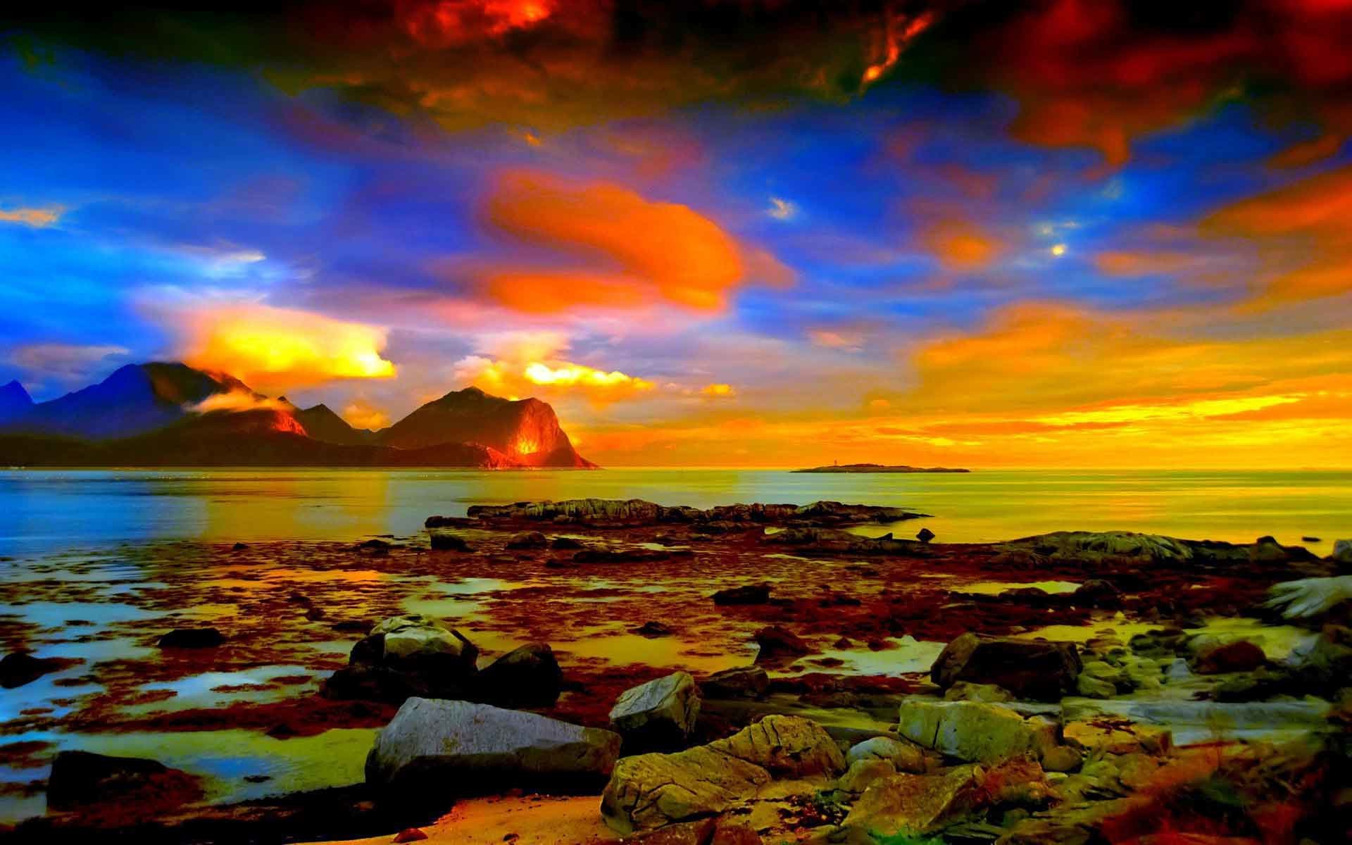 1920x1200 Sunrise Sunset Rocks Landscapes Horizon Beach Clouds Nice Nature Wallpaper  For Desktop