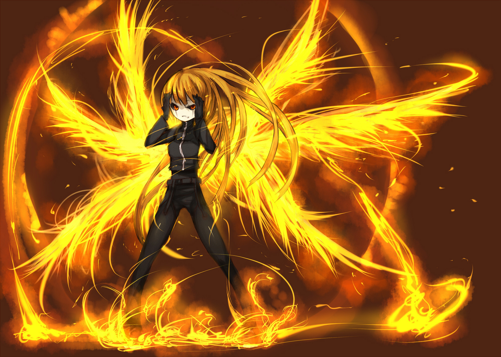 2000x1428 firegirl animae | Ultimate Phoenix, angry, anime, blond hair, fiery wings,