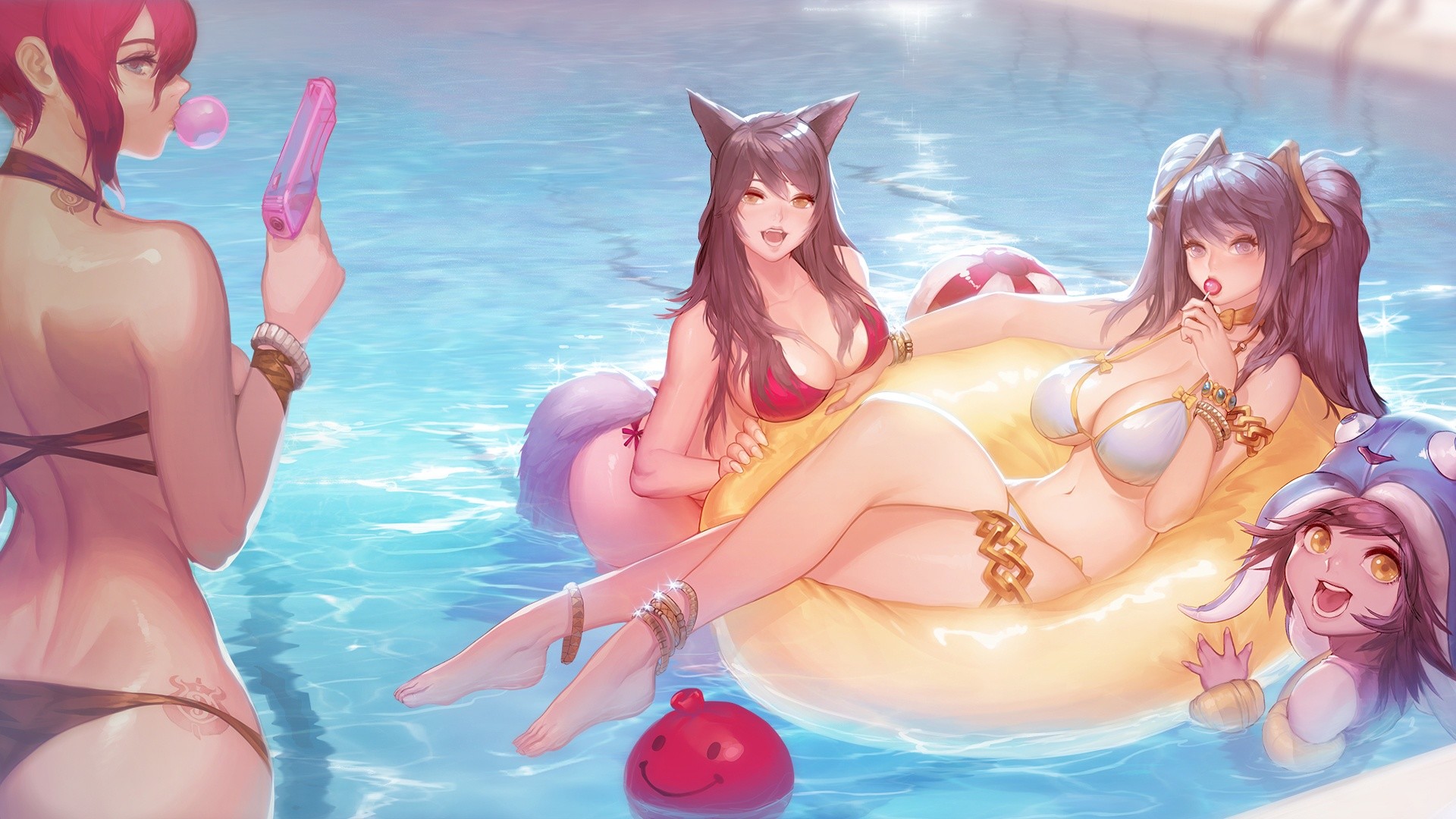 1920x1080 Pool Party with Miss Fortune, Ahri, Lulu and Sona.