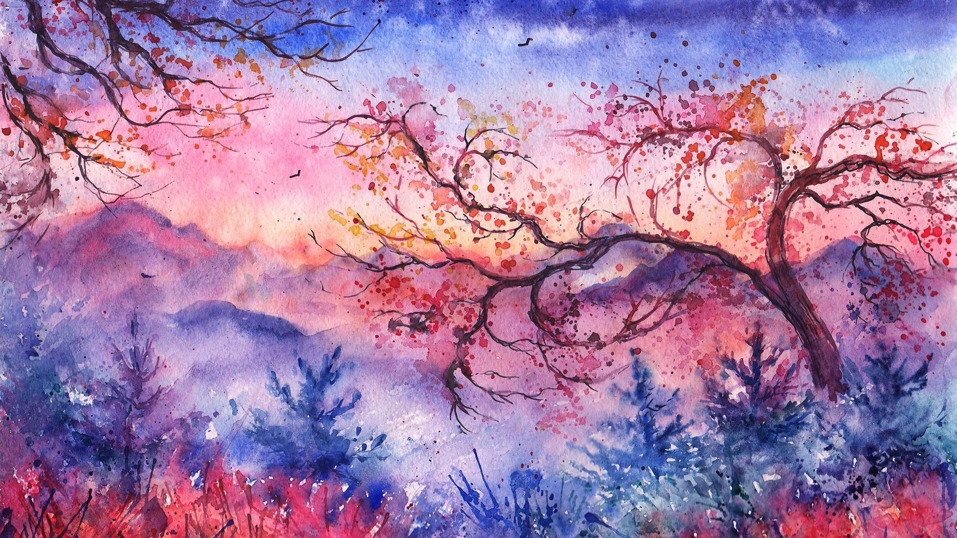 1920x1080 Painted Tag - Christmas Landscape Trees Foliage Watercolor Birds Painted  Evening Sunset Mountains Abstract Nature Wallpaper
