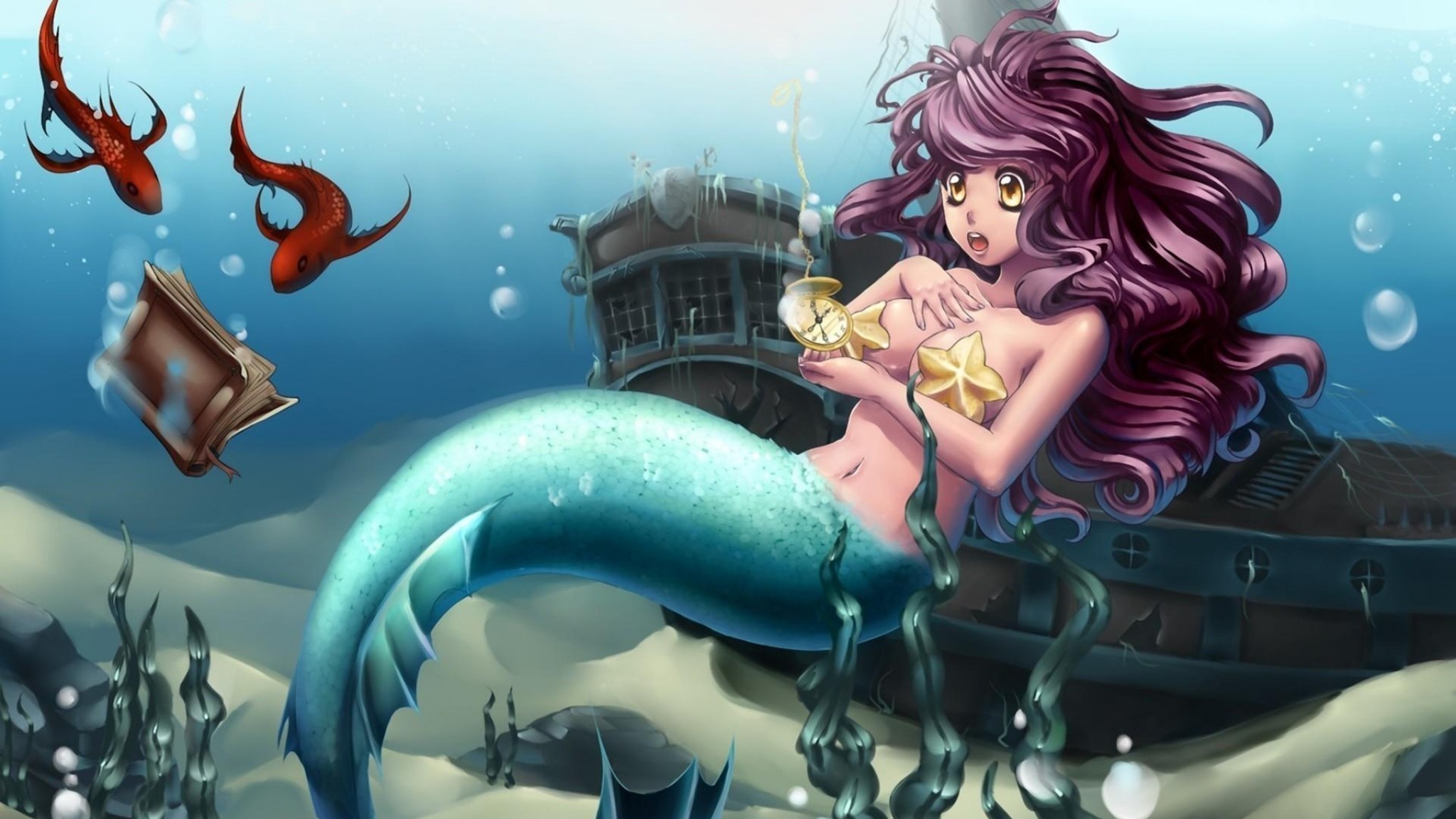 2048x1152 Preview wallpaper mermaid, underwater, ship, watch, book 