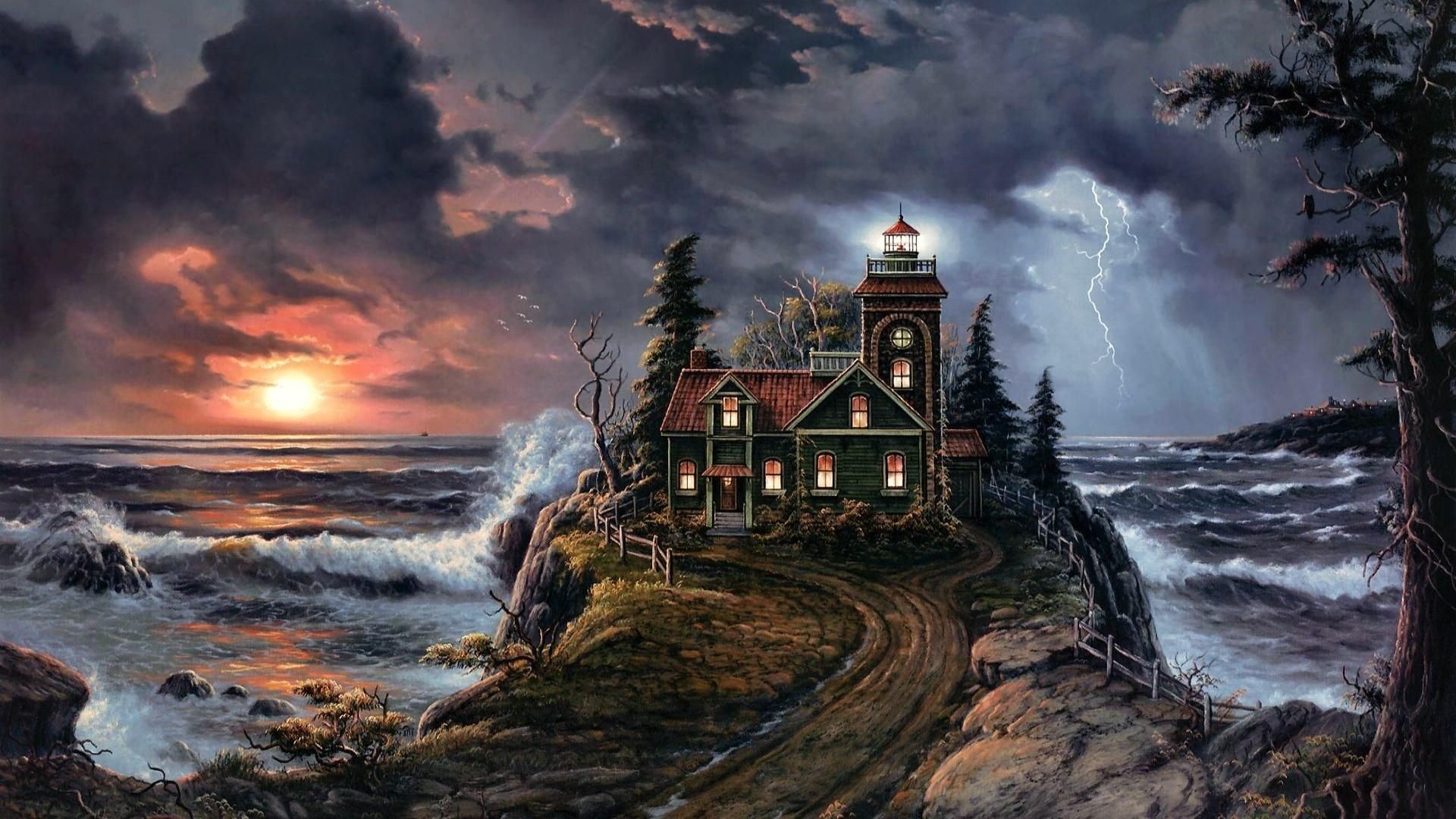 1920x1080 lighthouse paintings | HD Stormy Lighthouse Oil Painting Wallpaper