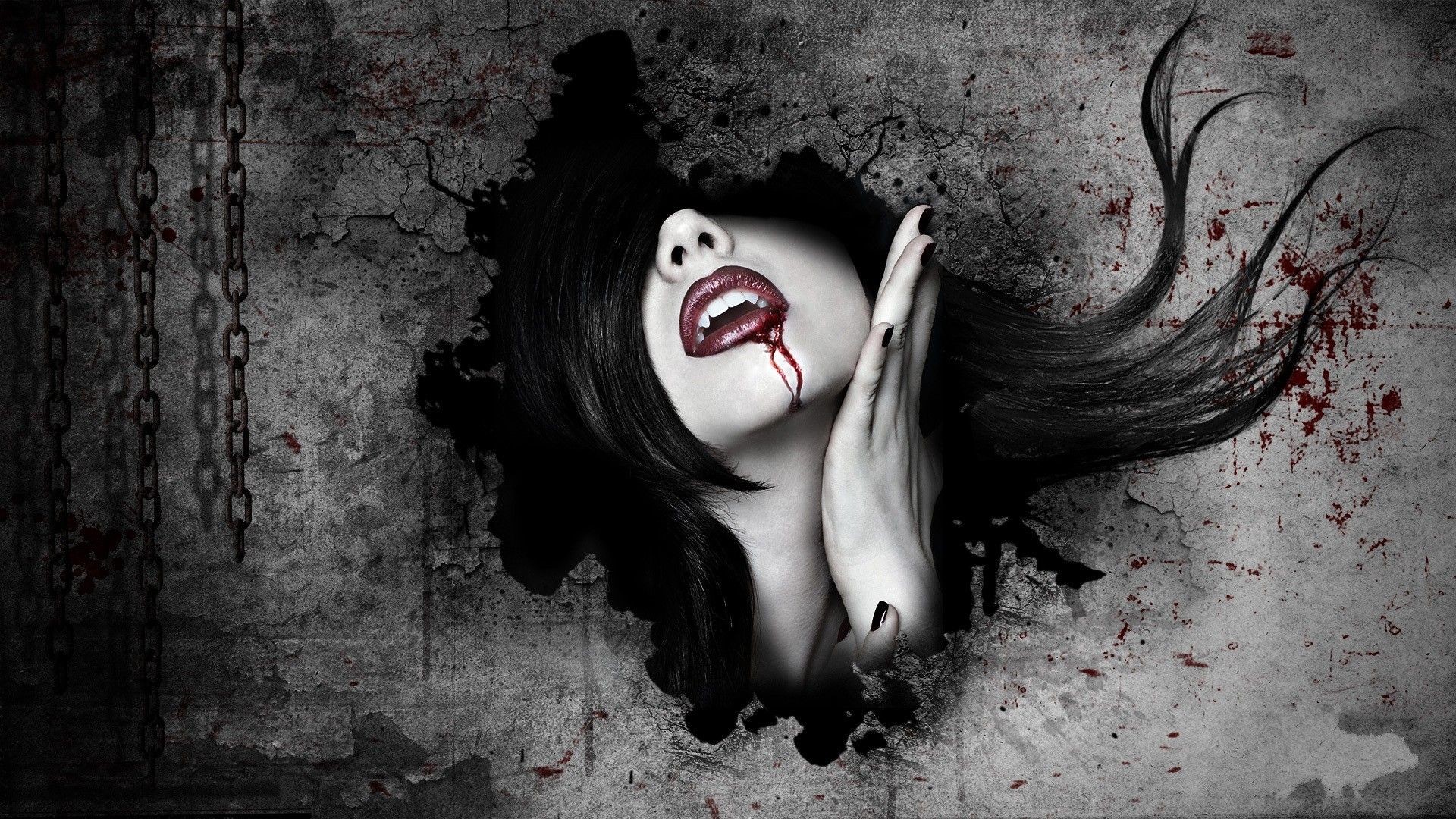 1920x1080 Dark horror fantasy art gothic women vampires blood face wallpaper .