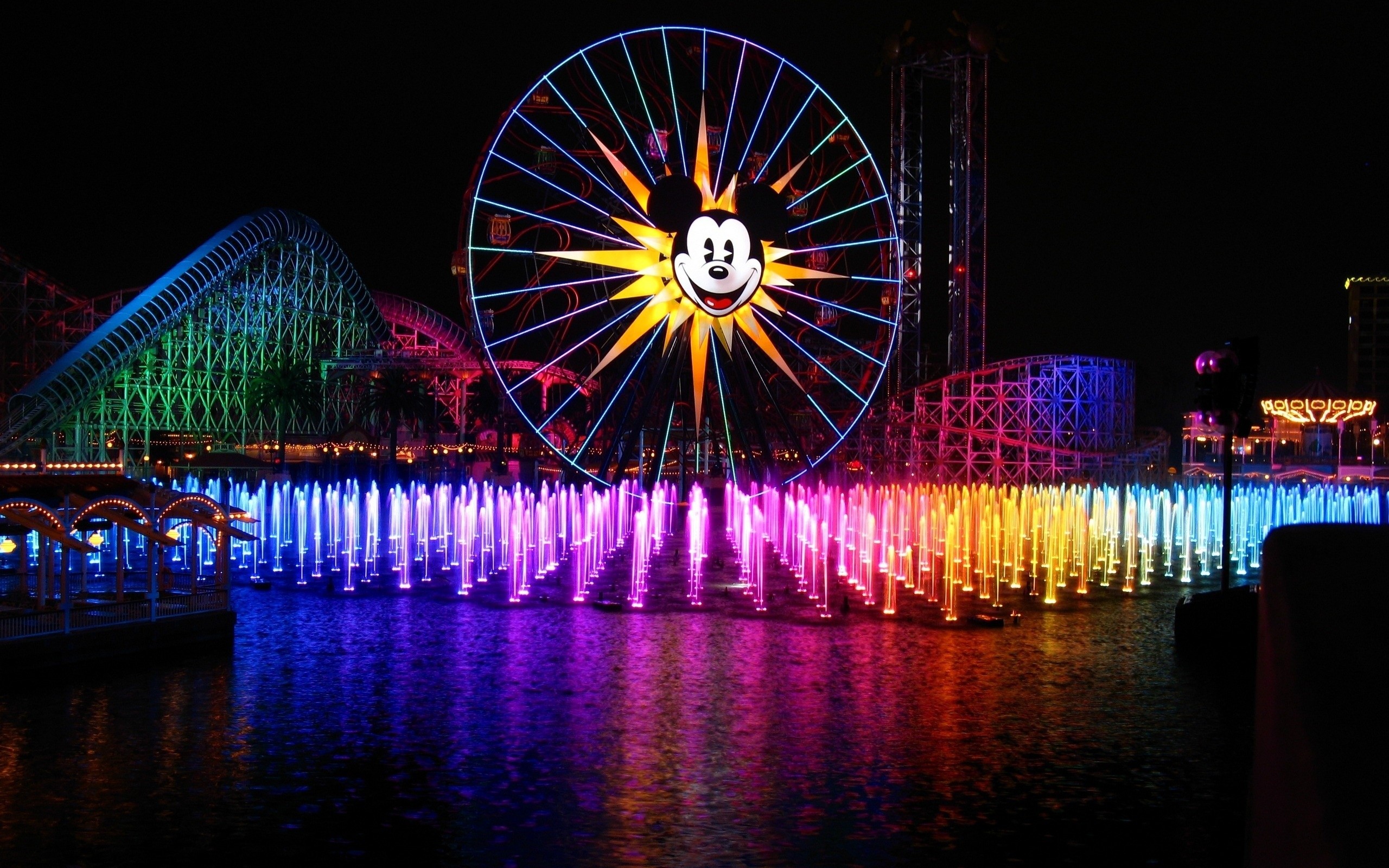 2560x1600 Wallpaper night, fountain, Disneyland, Anaheim, California, mickey .