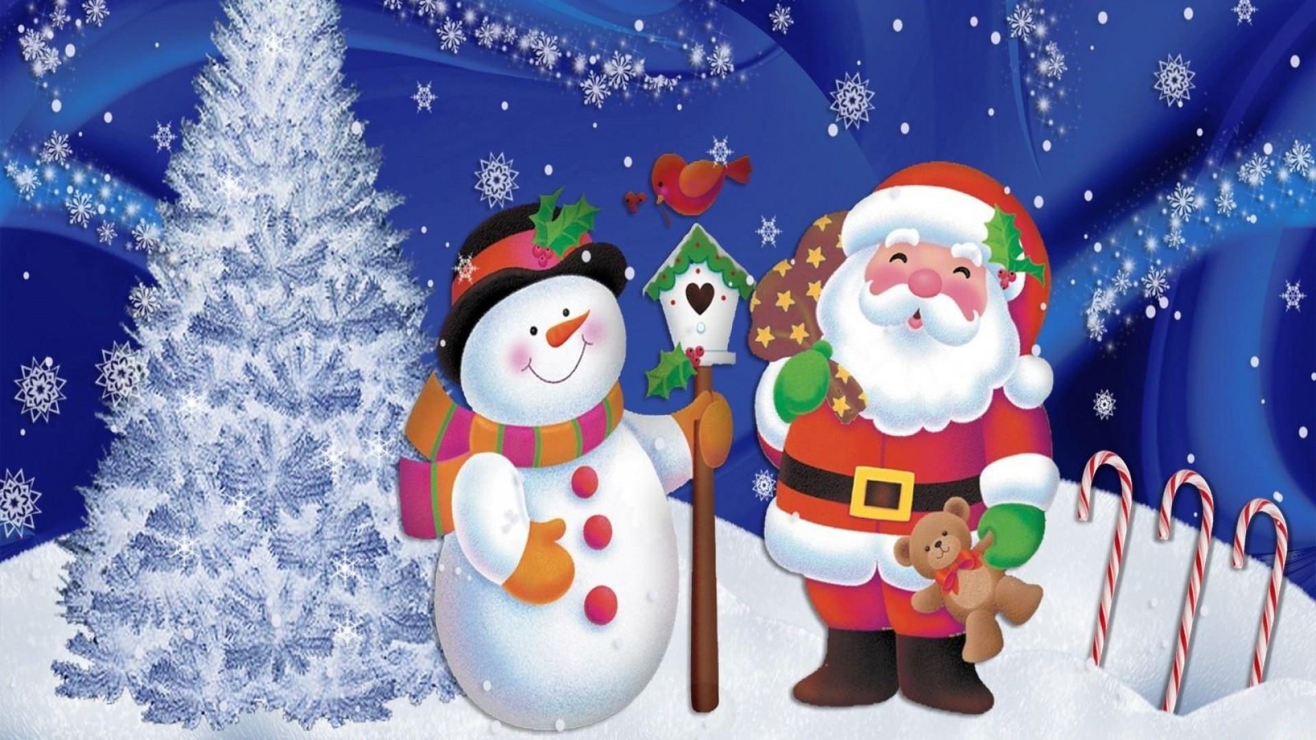 1920x1080  Wallpaper santa claus, snowman, christmas, tree, snowflakes,  postcard