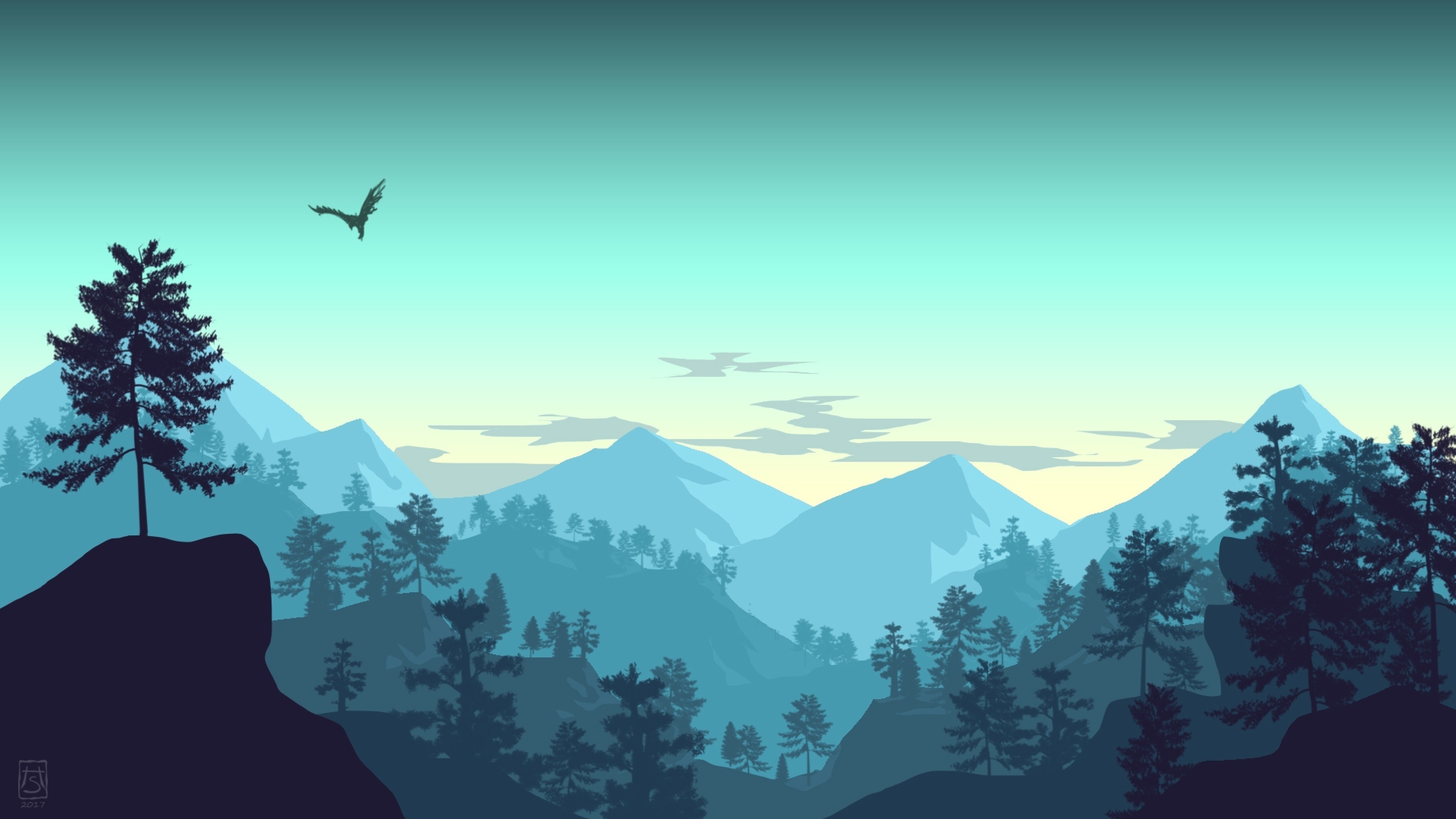 3840x2160 Minimalistic Landscape, Mountains, Forest, Bird, Sky, Artwork