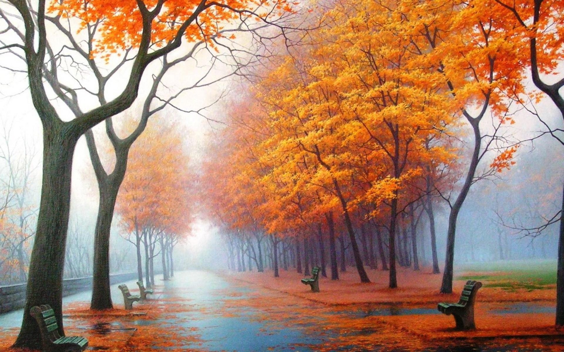 1920x1200 Wallpaper autumn, park, avenue, benches, trees, leaf fall, fog,
