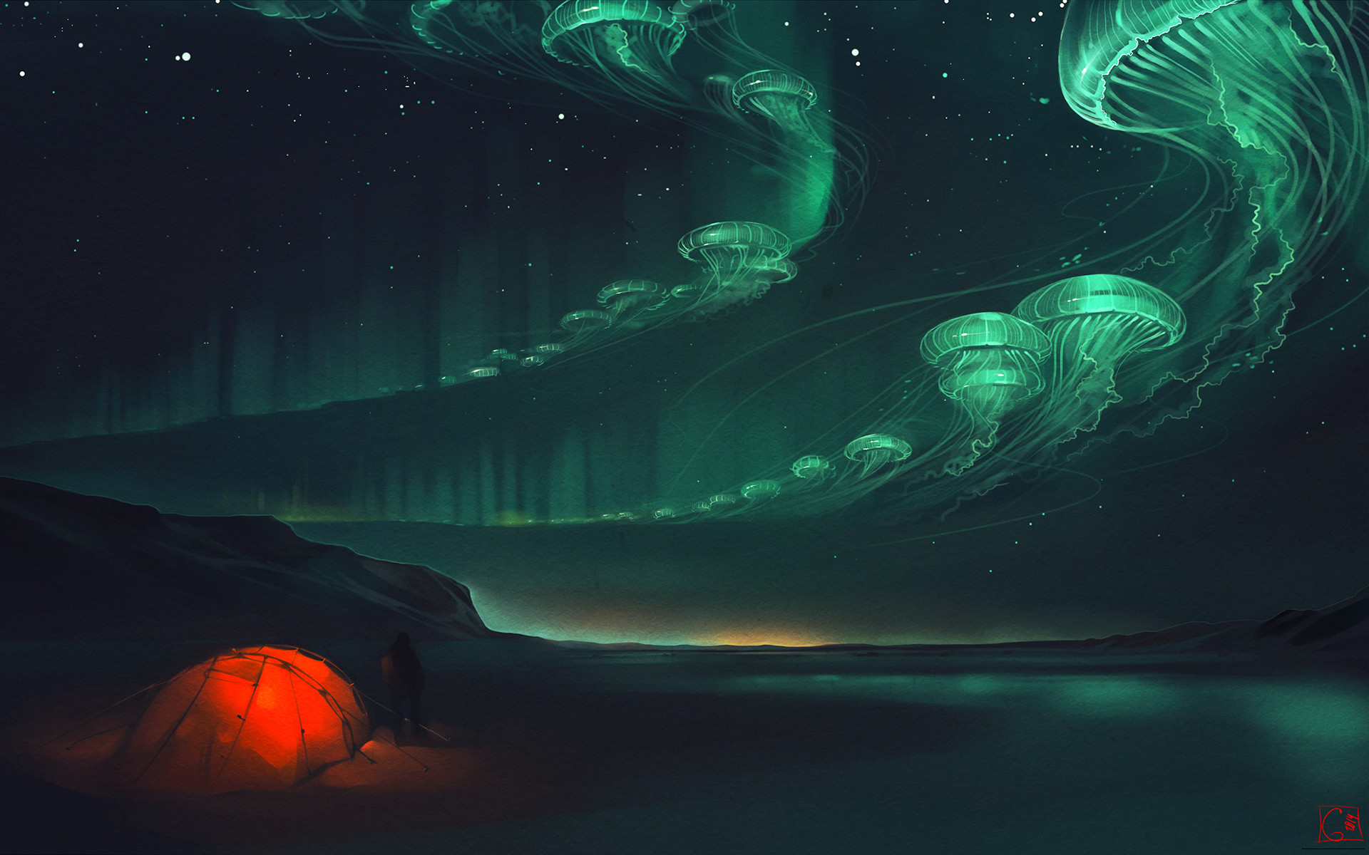 1920x1200 General  artwork fantasy art surreal tent jellyfish glowing  aurorae camping night stars mountains