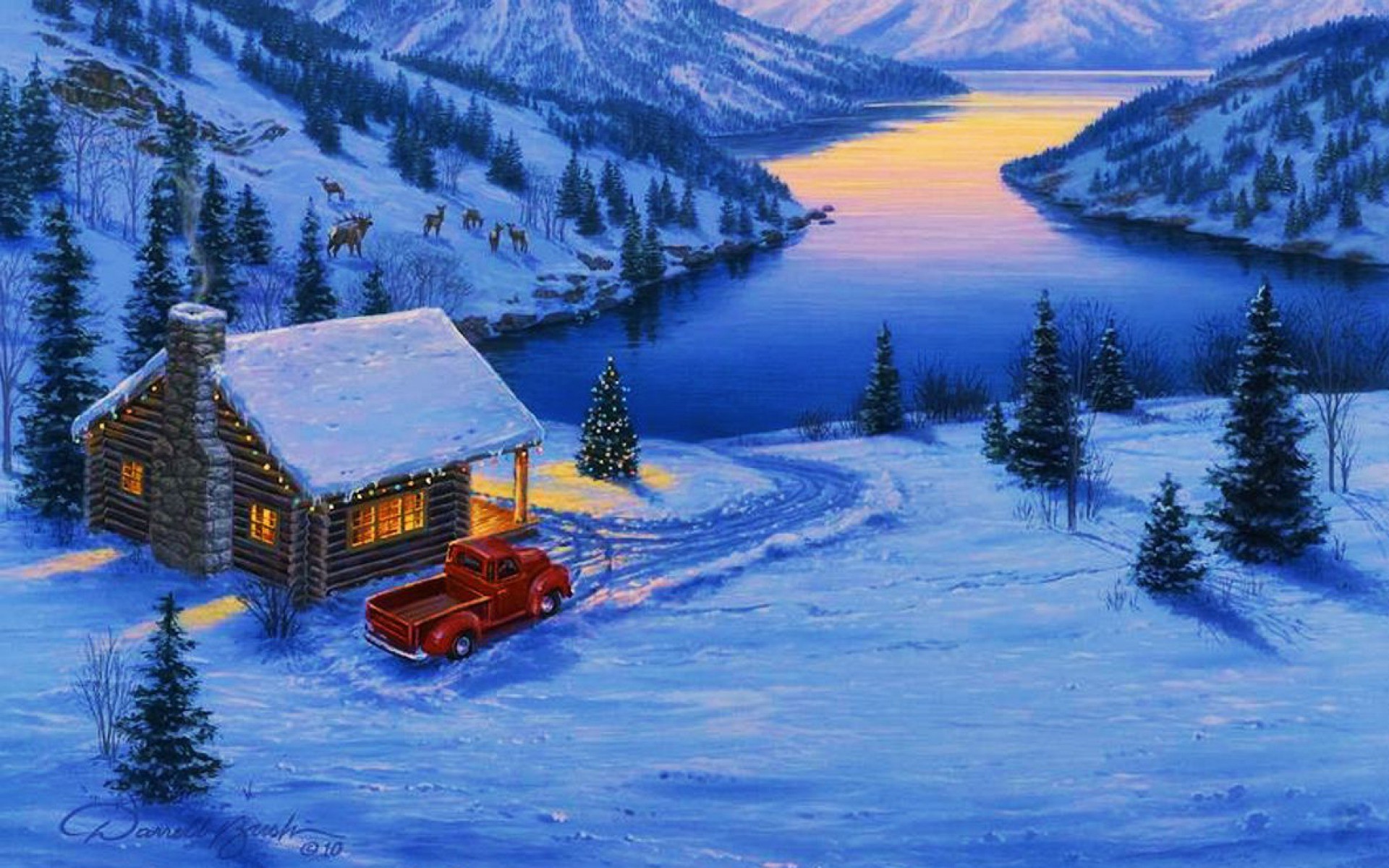 1920x1200 Image: Forest Deer Lake Cottage Snow wallpapers and stock photos. Â«