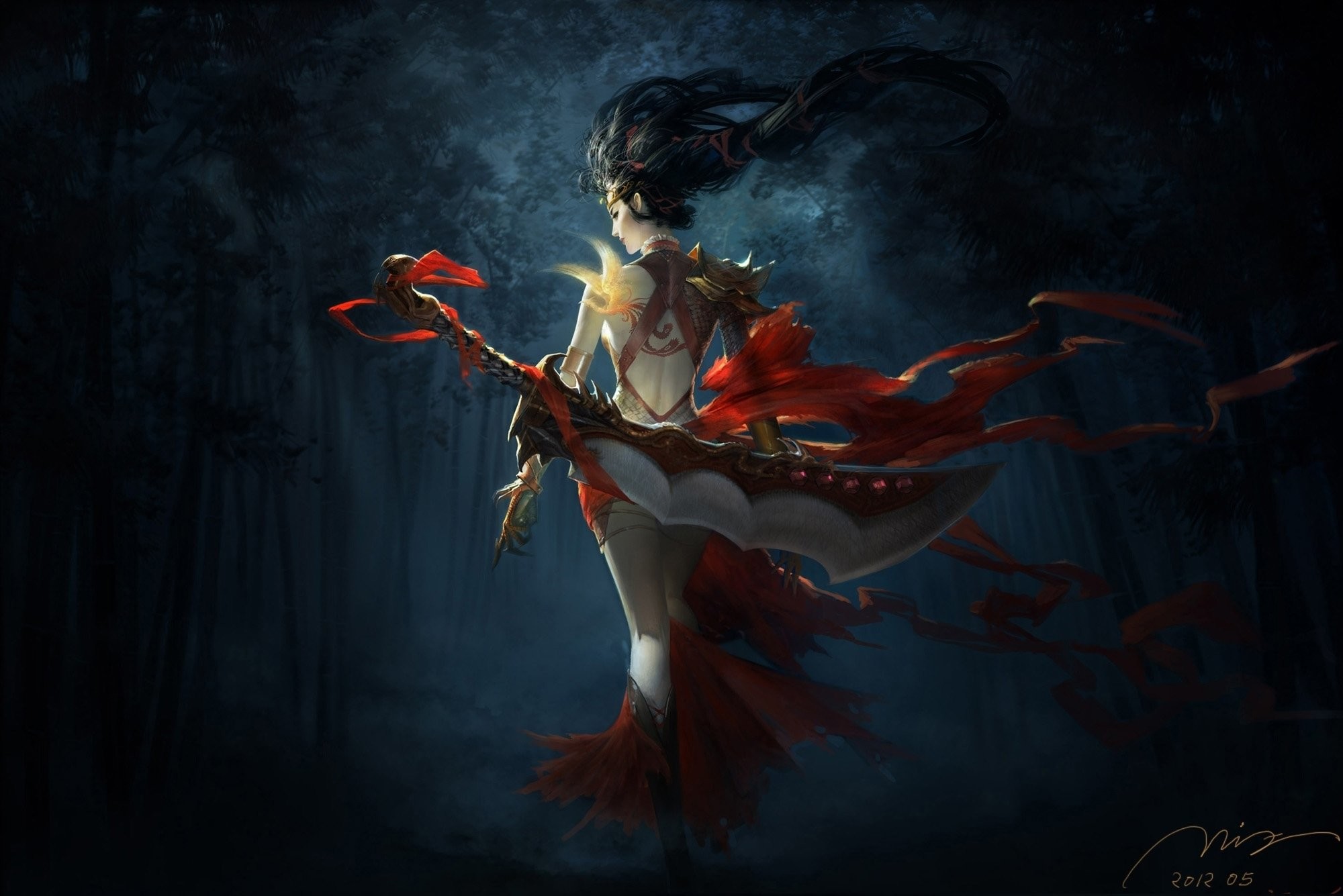 2000x1335 Art girl Warrior weapon sword tape red forest bamboo night dark bird tattoo  phoenix back wallpaper |  | 500393 | WallpaperUP