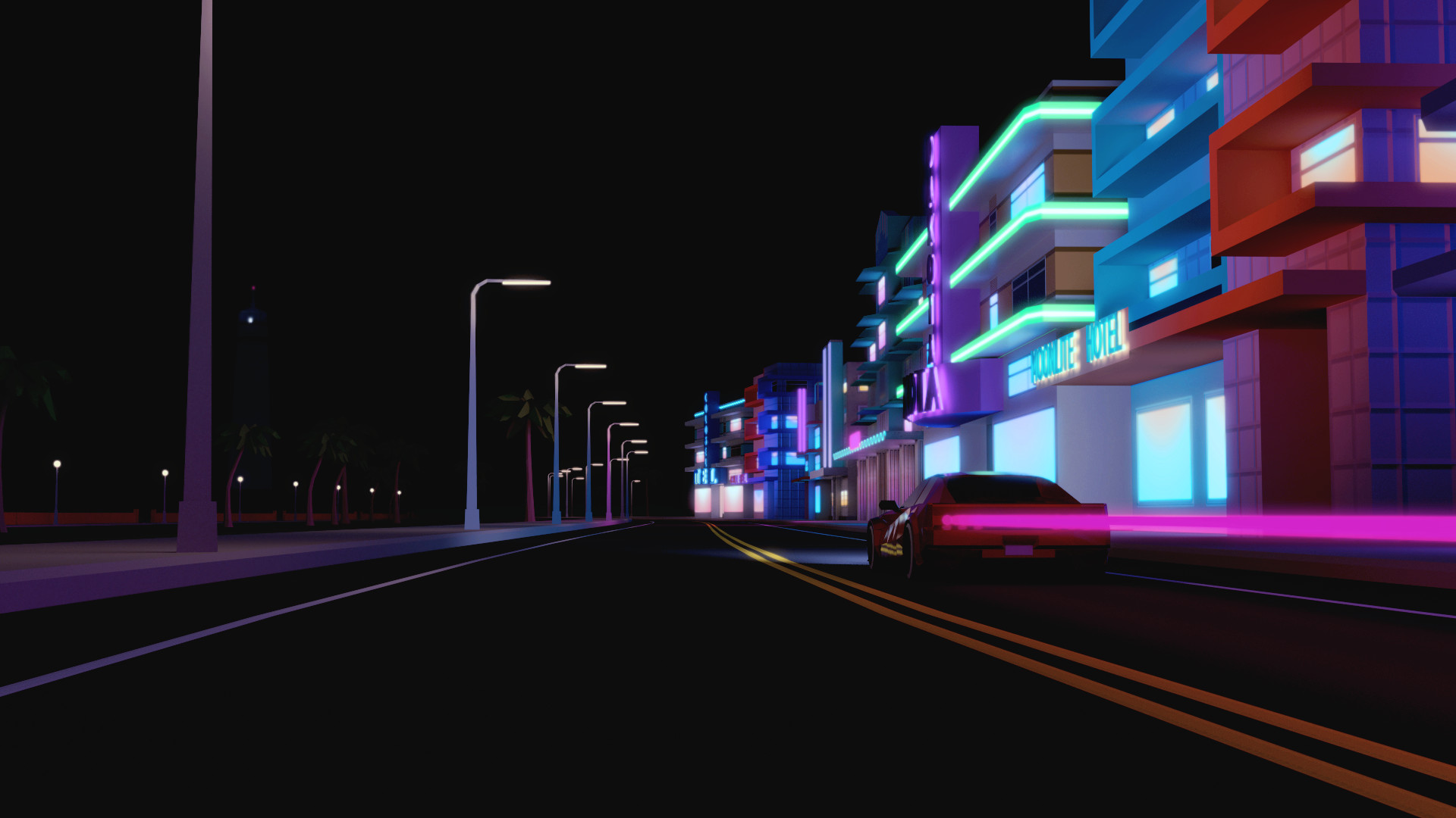 1920x1080 General  city urban street car CGI render building night city  lights motion blur Miami Florida
