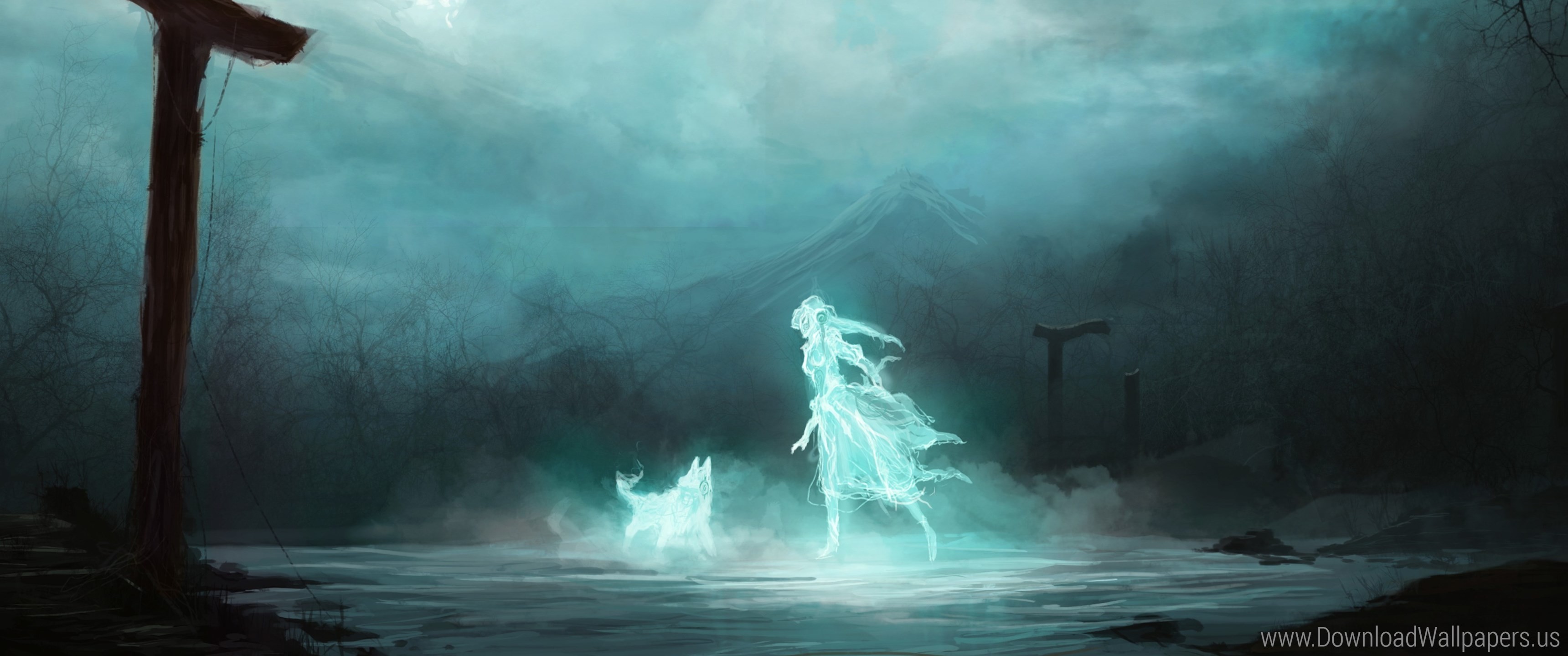 3440x1440 Download Wide 21:9  - Arches, Art, Fantasy, Ghost, Girl, Moon,  Mountain, Night, Ruins, Spirit, Wolf Wallpaper
