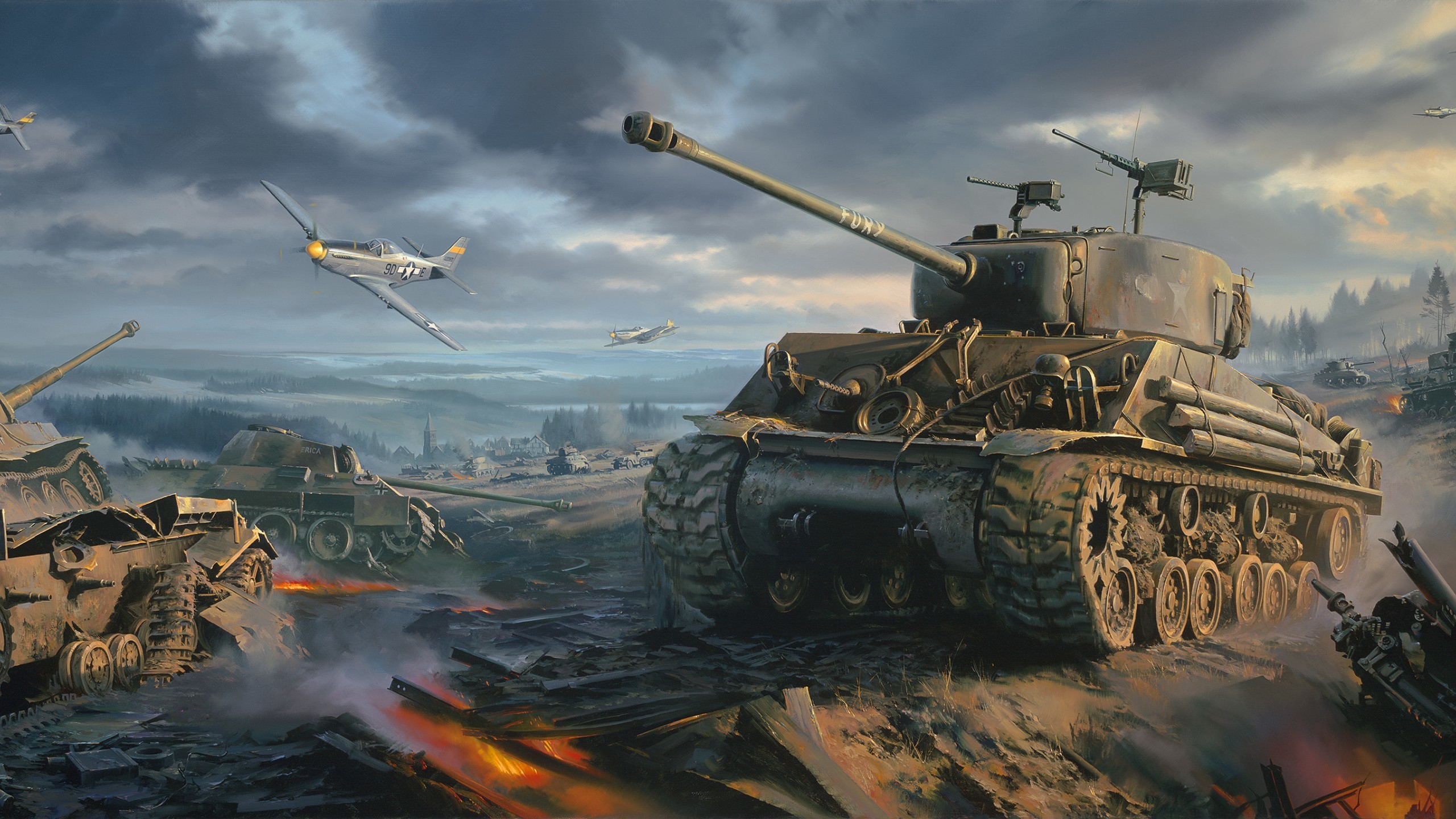 2560x1440 Sherman tank Wallpaper ww2 P 51 Mustang war art painting Galaxy 