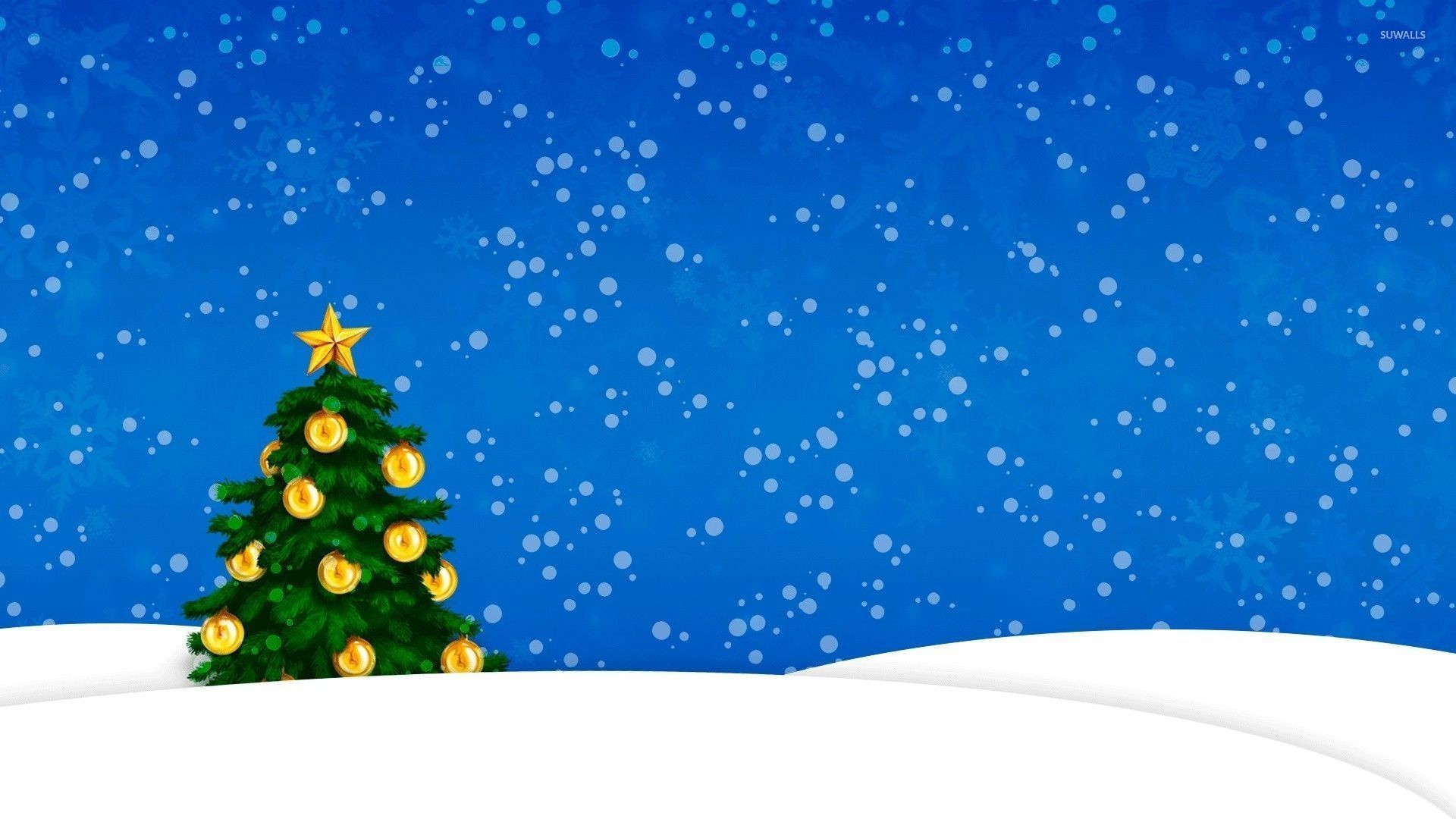 1920x1080 Snow falling on the golden Christmas tree wallpaper