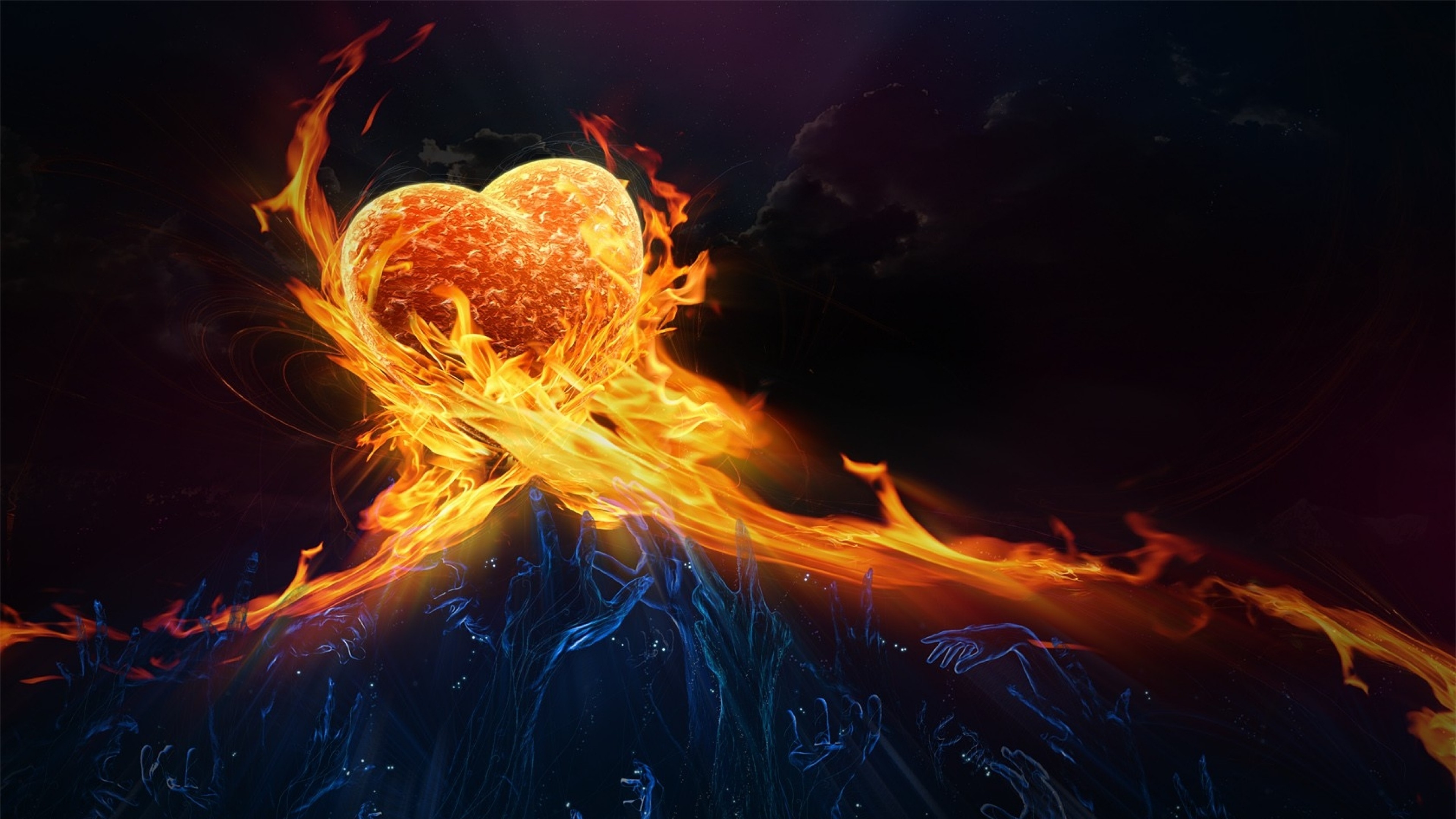 3840x2160  Wallpaper heart, blue, orange, fire, flame