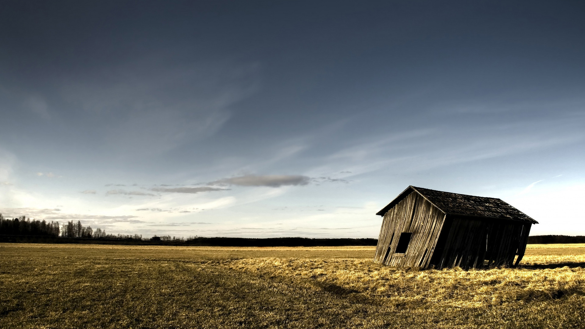 1920x1080  Wallpaper shed, ruins, wooden, field, lonely, autumn