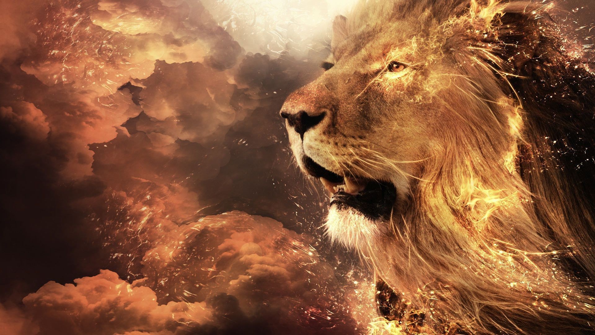 1920x1080 render, lion, sky, on fire, clouds, art, digital, desktop