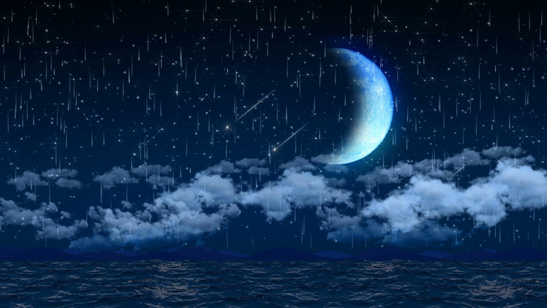1920x1080 Seamless 3d animation of night sky with clouds and falling star light and  giant crescent moon. Blue sea in seascape landscape scene background in  fantasy ...