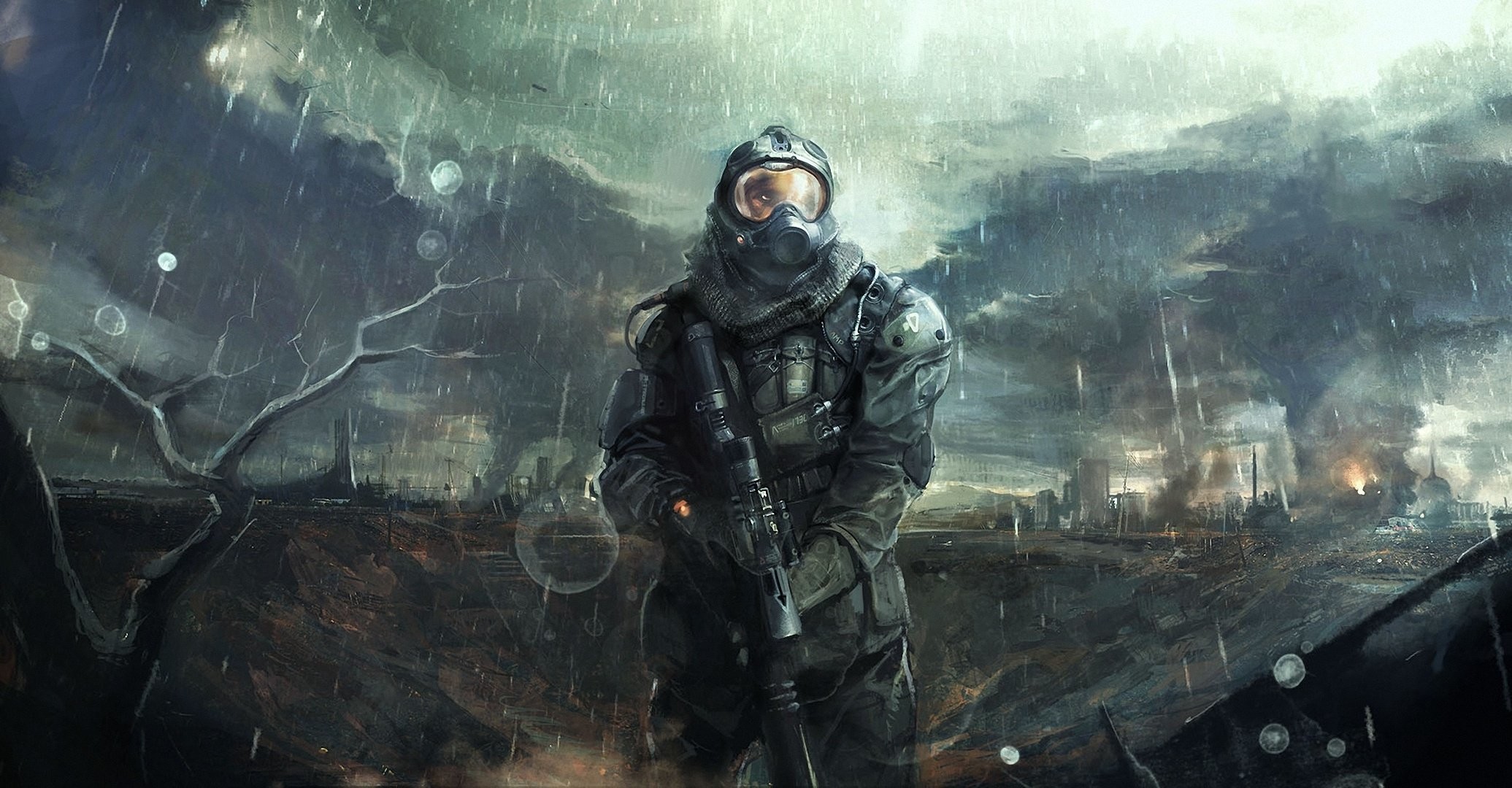 2071x1080 Man helmet armor art clouds weapon dark rain soldier apocalyptic wallpaper  |  | 336013 |