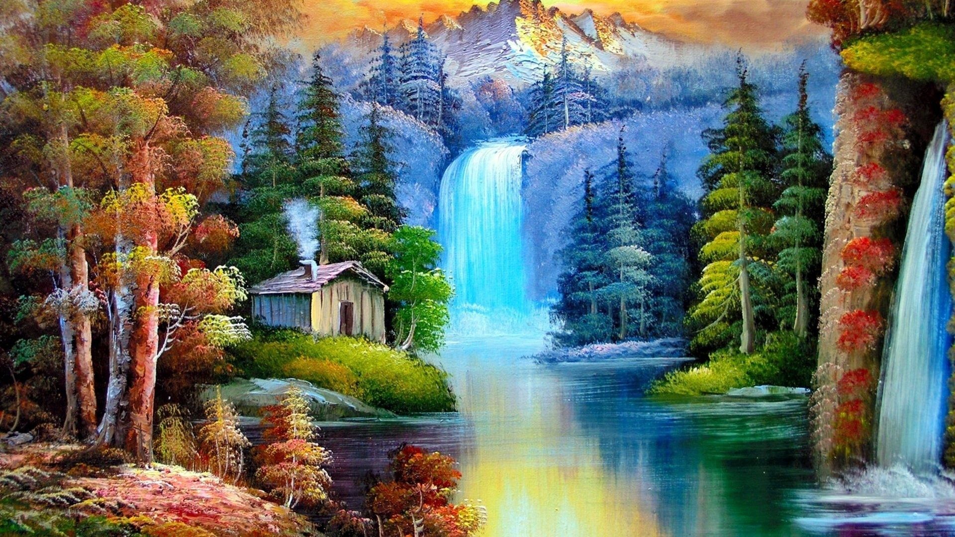 1920x1080 Colorful Nature Painting Tree Waterfalls Waterfall Wallpaper Images Detail