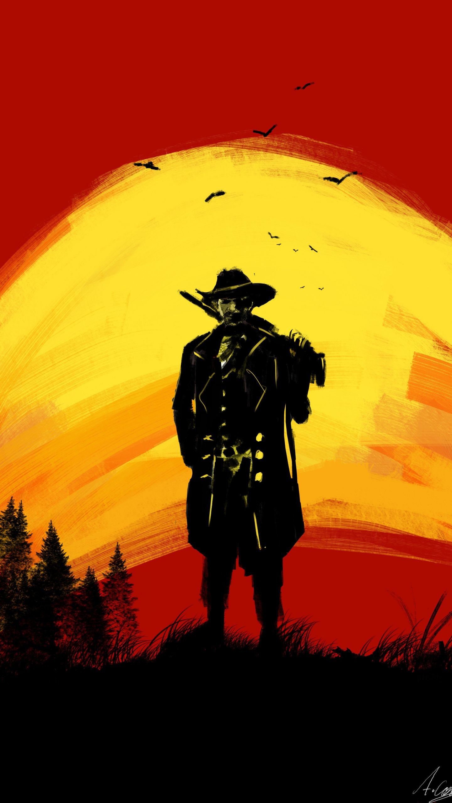 1440x2560 Red Dead Redemption 2, cowboy, silhouette, fan art,  wallpaper