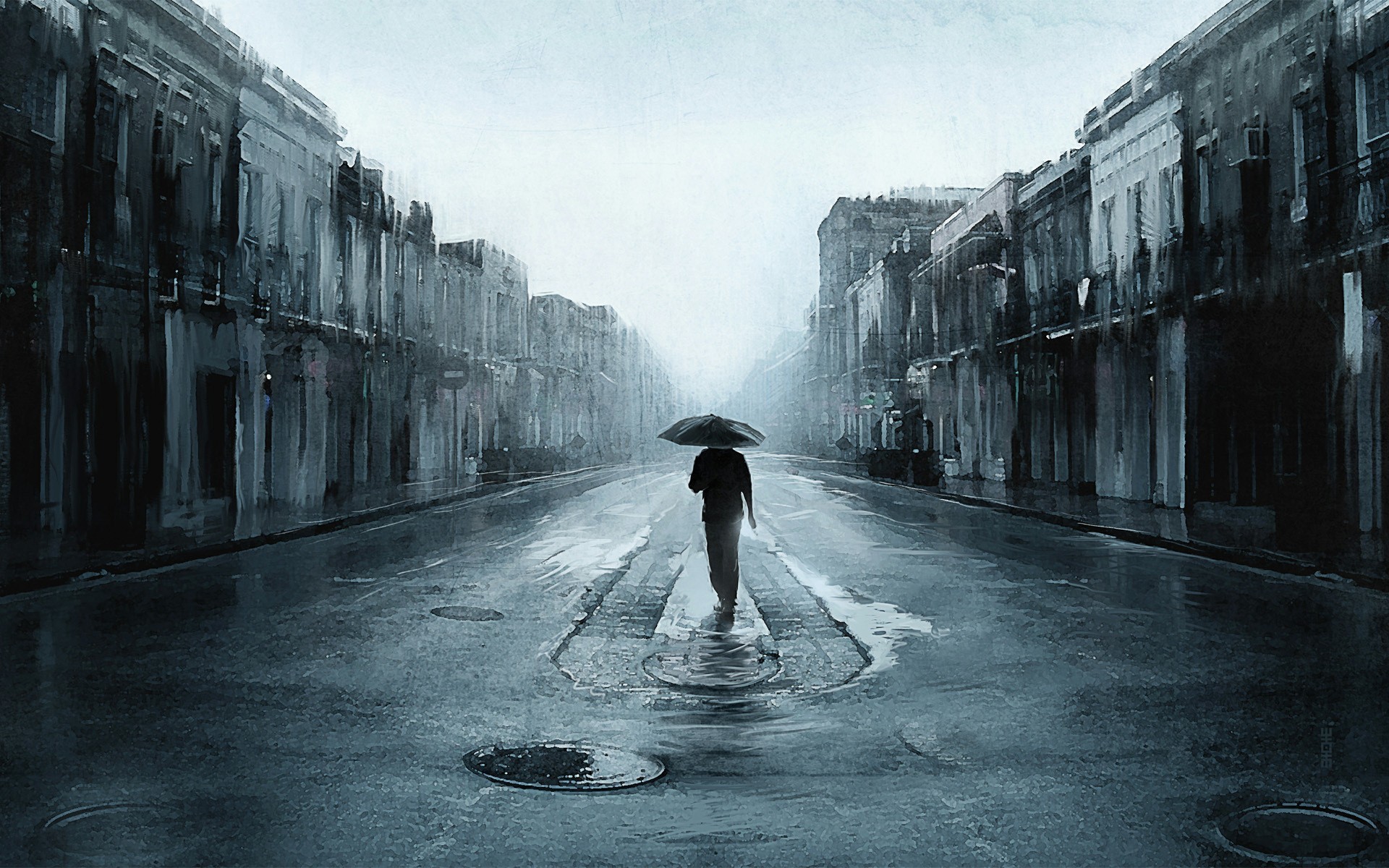 1920x1200 Lonely guy walking in the rain
