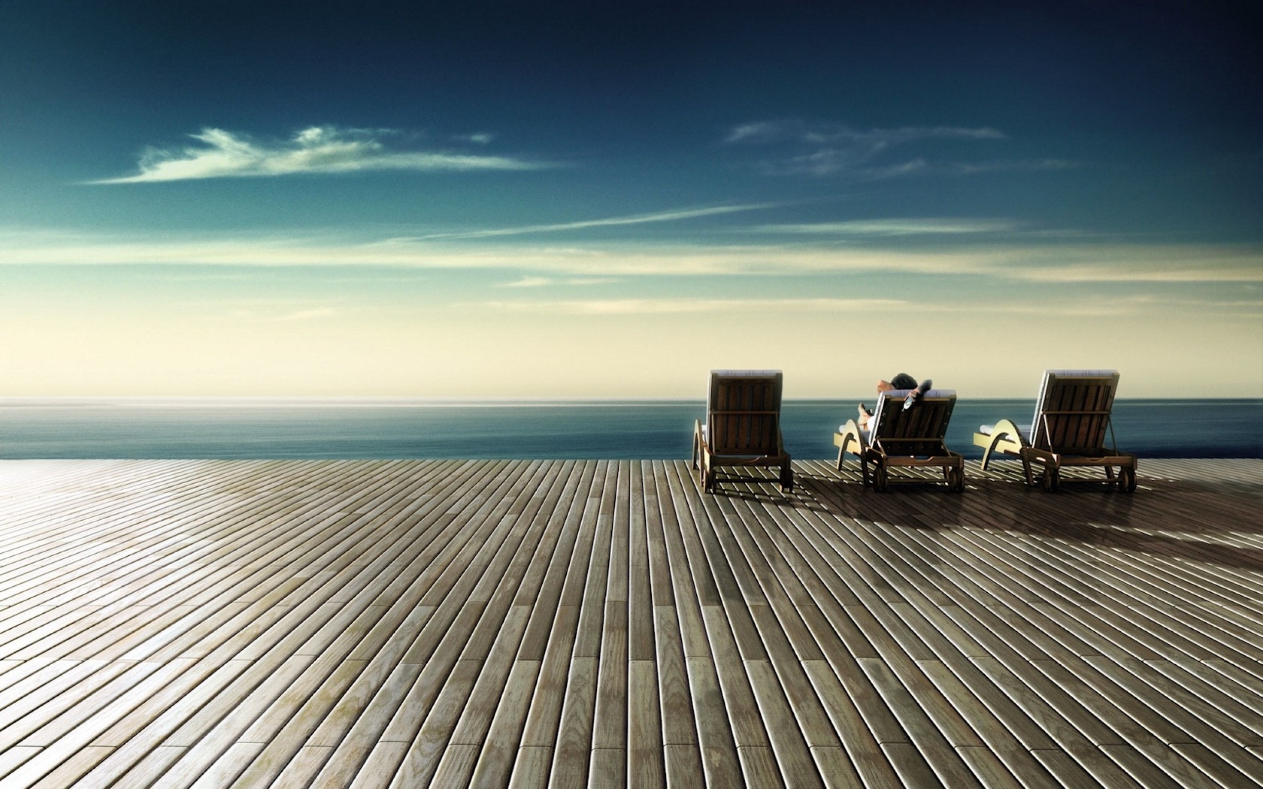 2560x1600  Wallpaper chairs, wood floor, rest, sky, shore