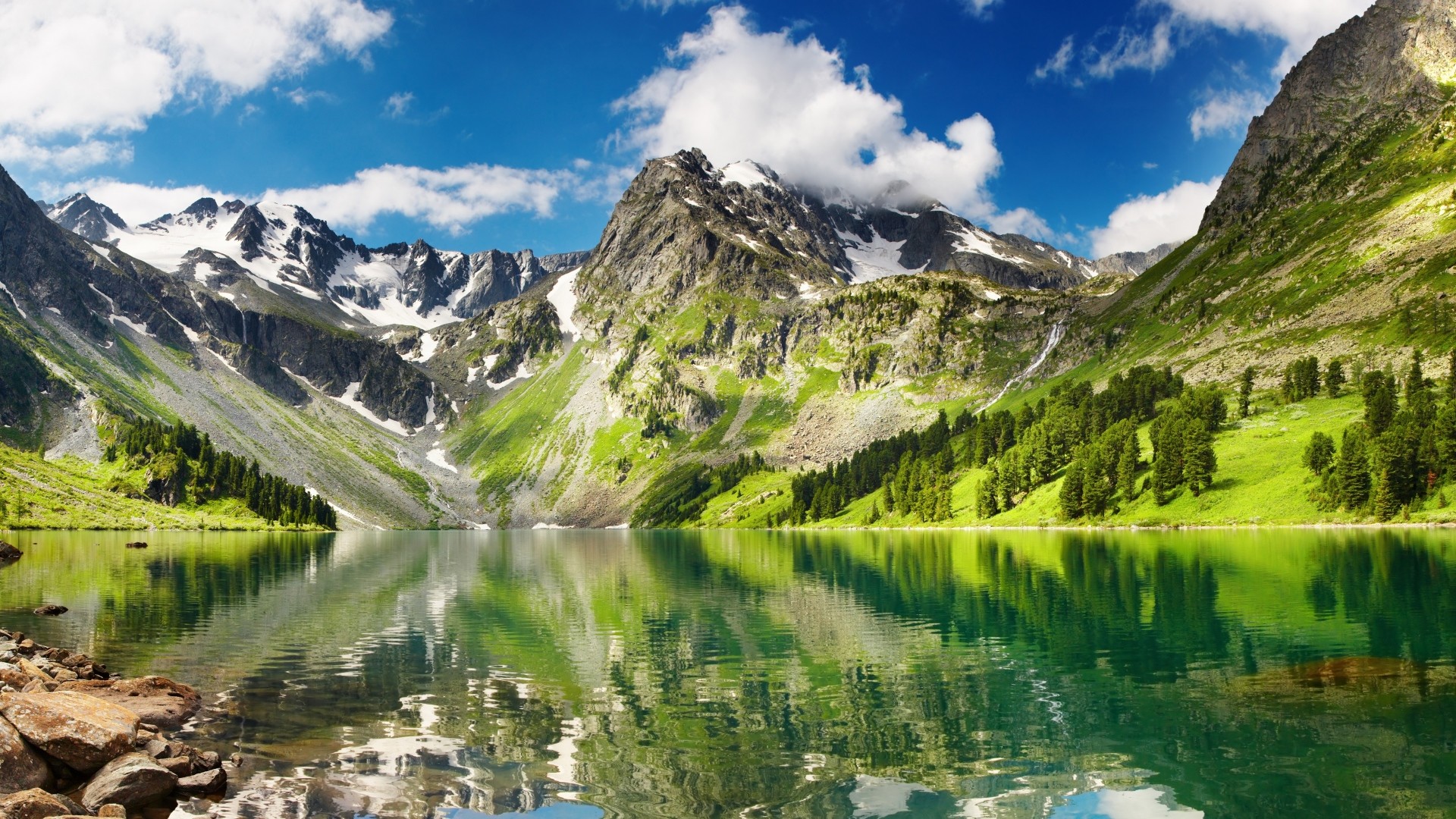 1920x1080  Wallpaper lake, mountains, grass, sky, summer