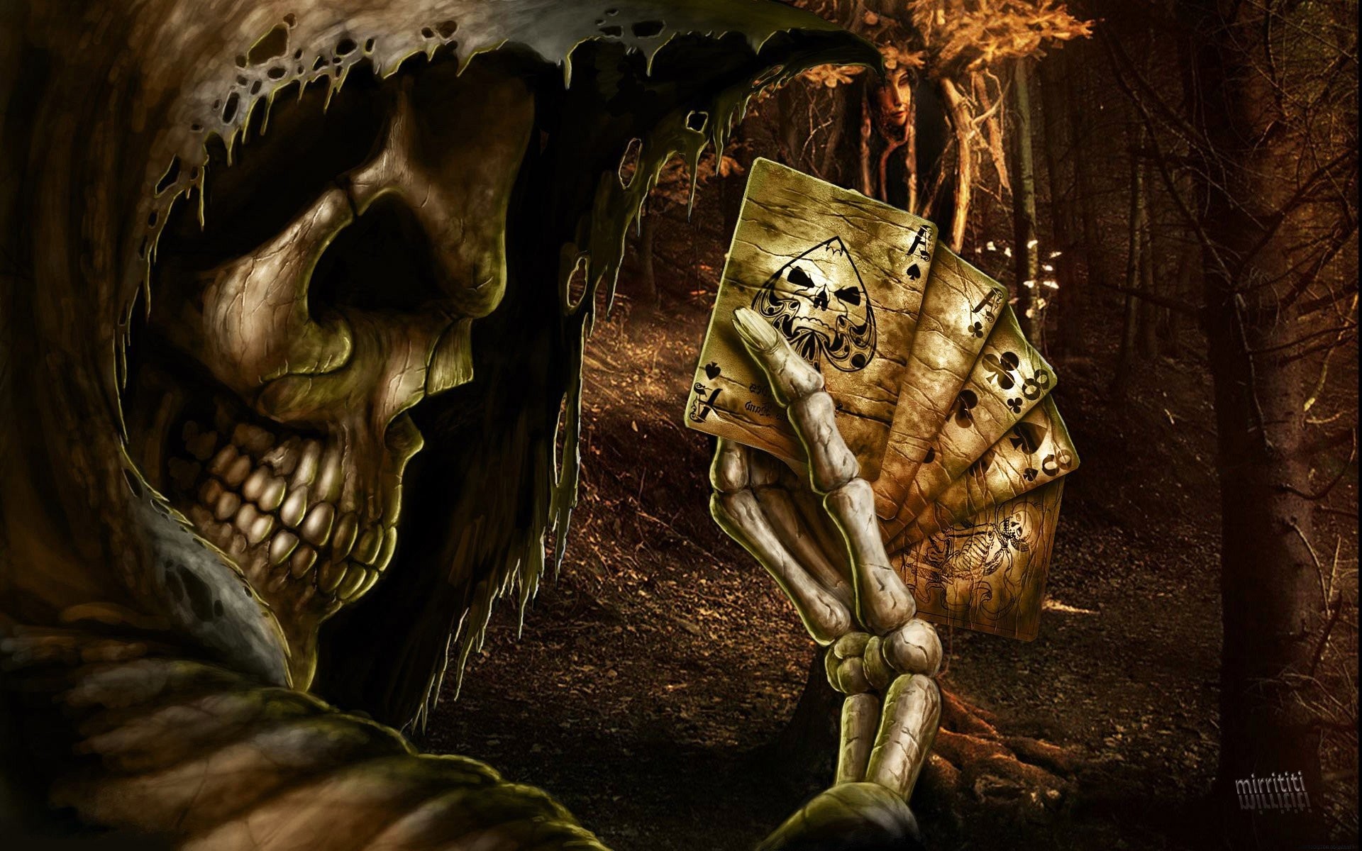 1920x1200 Dark Grim Reaper horror skeletons skull creepy cards games poker ace .