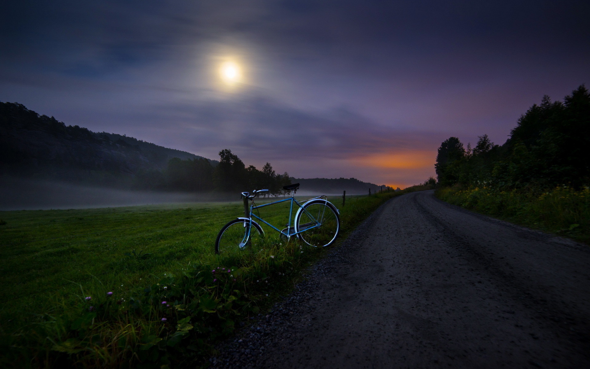 1920x1200 Bike, country road, night, clouds and fog: