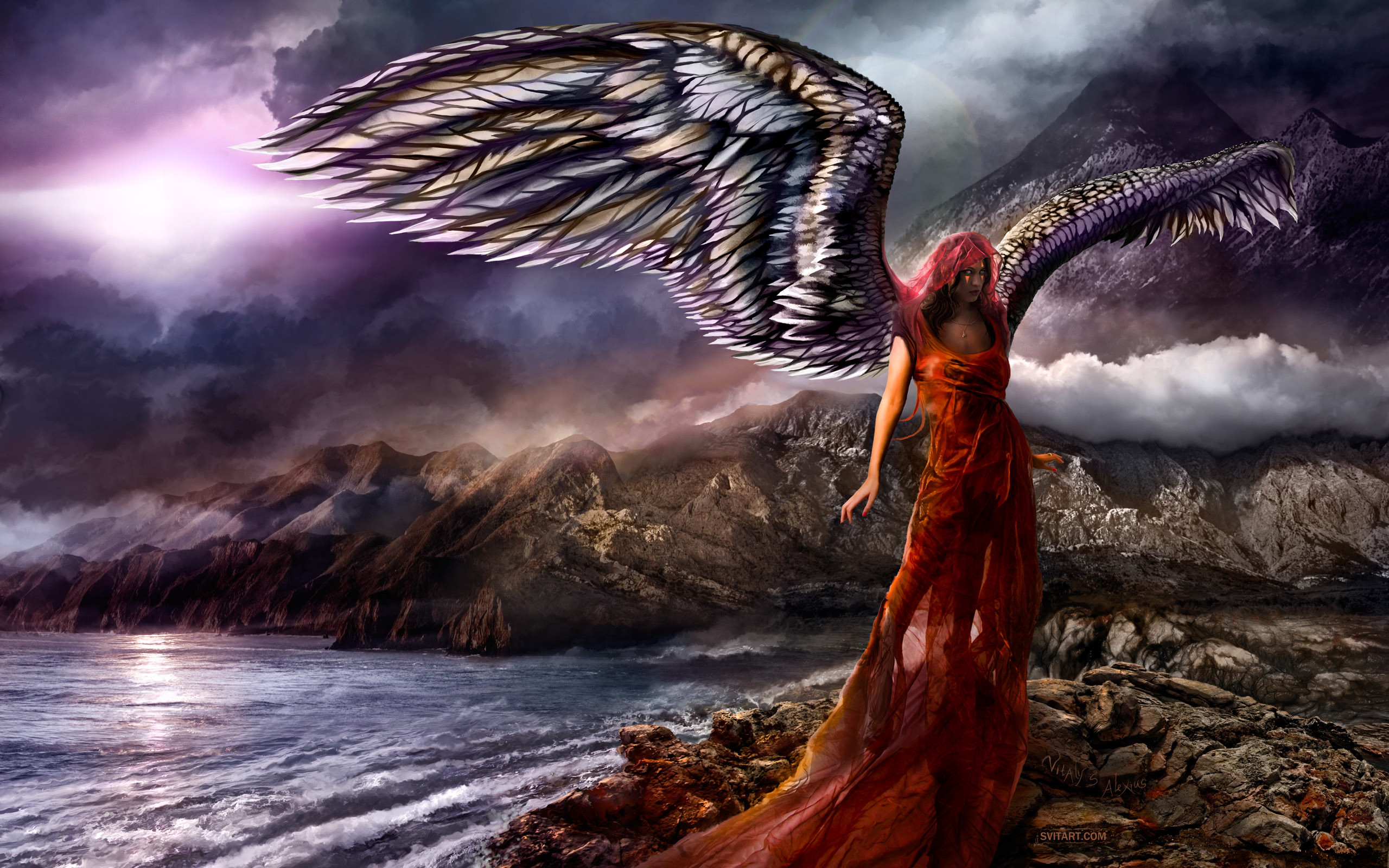 2560x1600 Fantasy - Angel Landscape Fantasy Red Hair Wallpaper