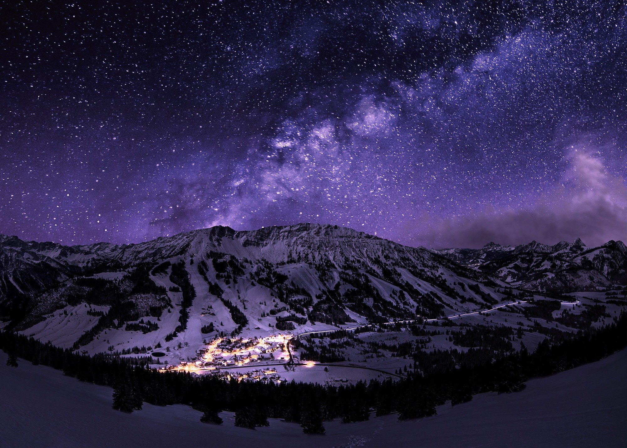 2000x1429 stars, Night, Landscape, Starry Night, Mountain, Snow, Long Exposure, Town, Galaxy  Wallpapers HD / Desktop and Mobile Backgrounds
