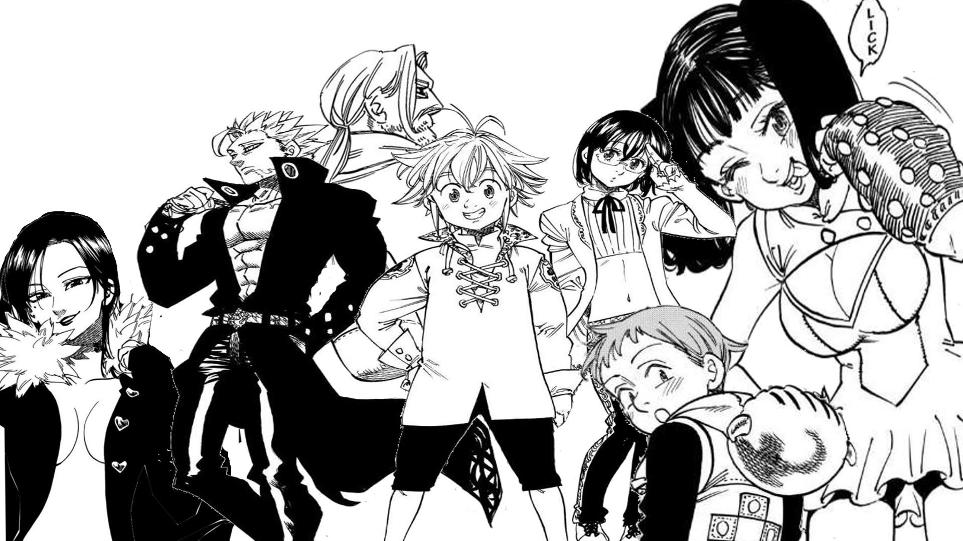 1920x1080 From left to right: Merlin, Ban, Escanor, Meliodas, Gowther, King
