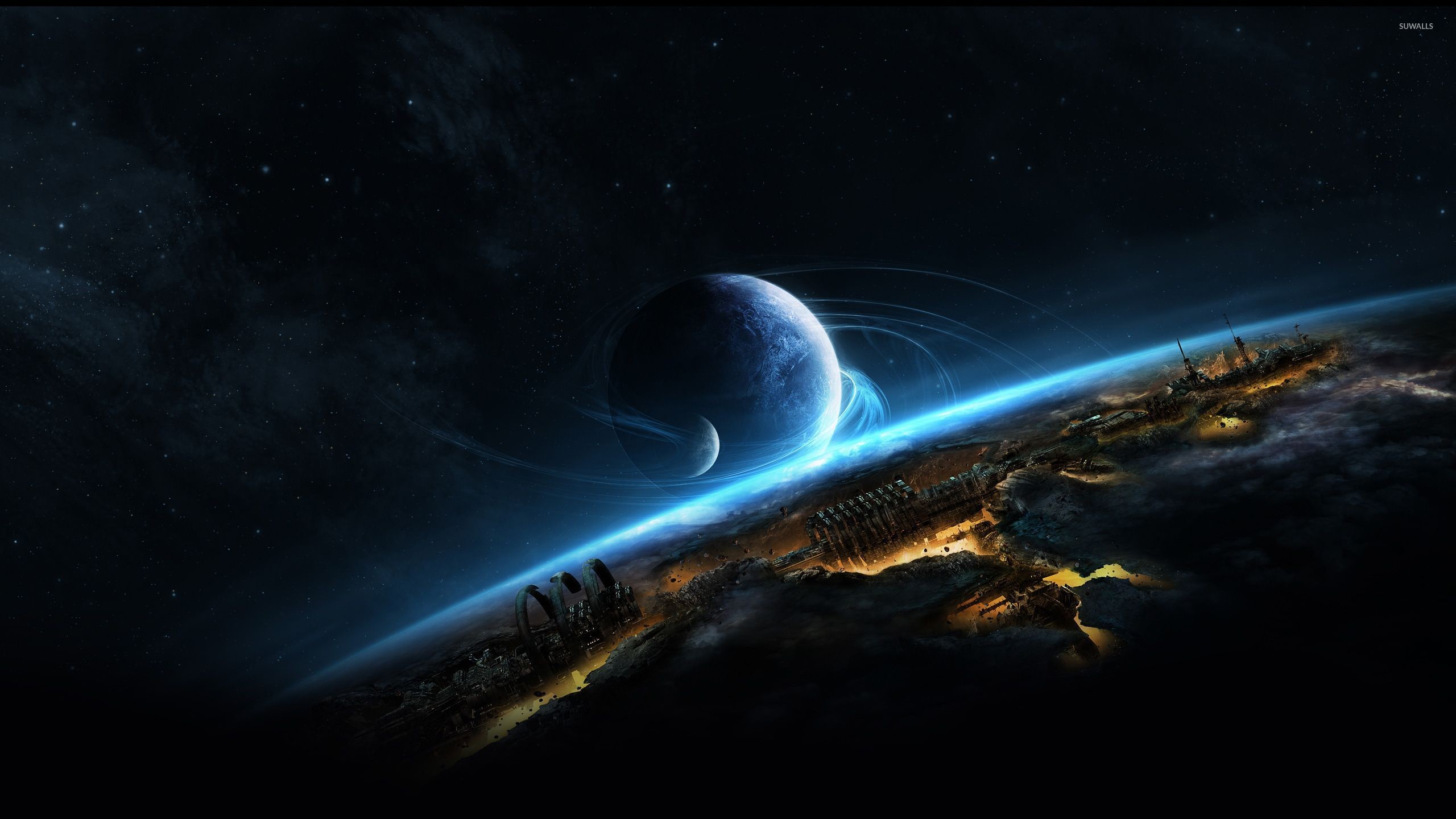 2560x1440 Planet above the futuristic world wallpaper
