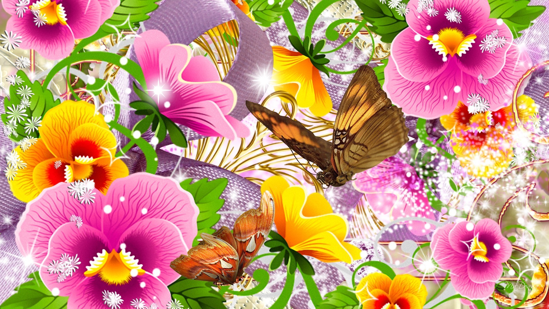 1920x1080 Sparkle Tag - Pansies Butterflies Colorful Flowers Butterfly Shine Ribbon  Pink Summer Gold Glow Fleurs Papillon