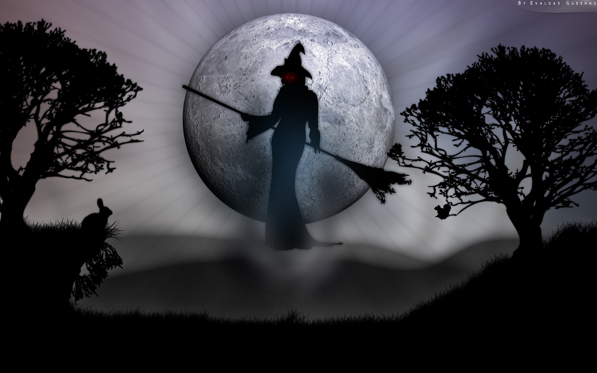 2048x1280 Holiday - Halloween Witch Red Eyes Moon Spooky Rabbit Wallpaper