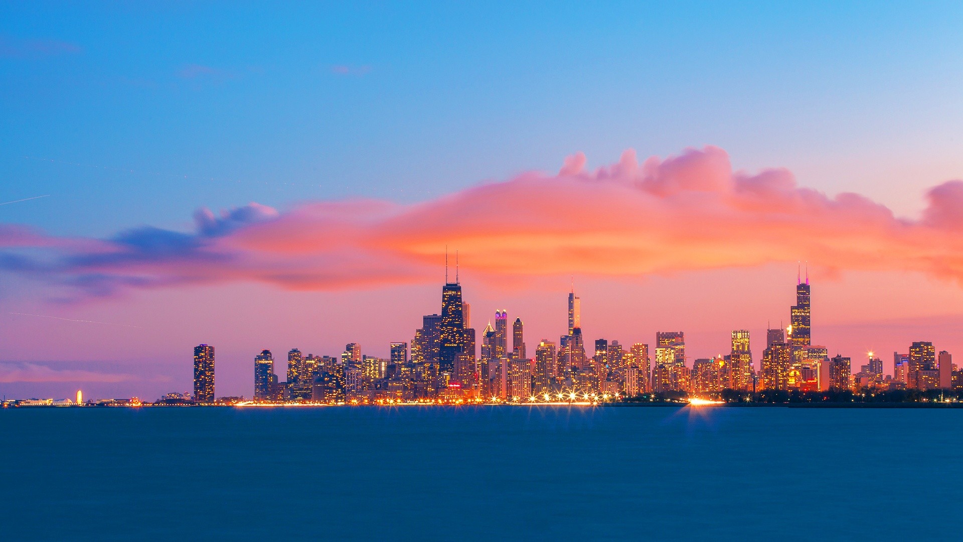 1920x1080 Chicago Skyline Sunset Wallpaper 18667