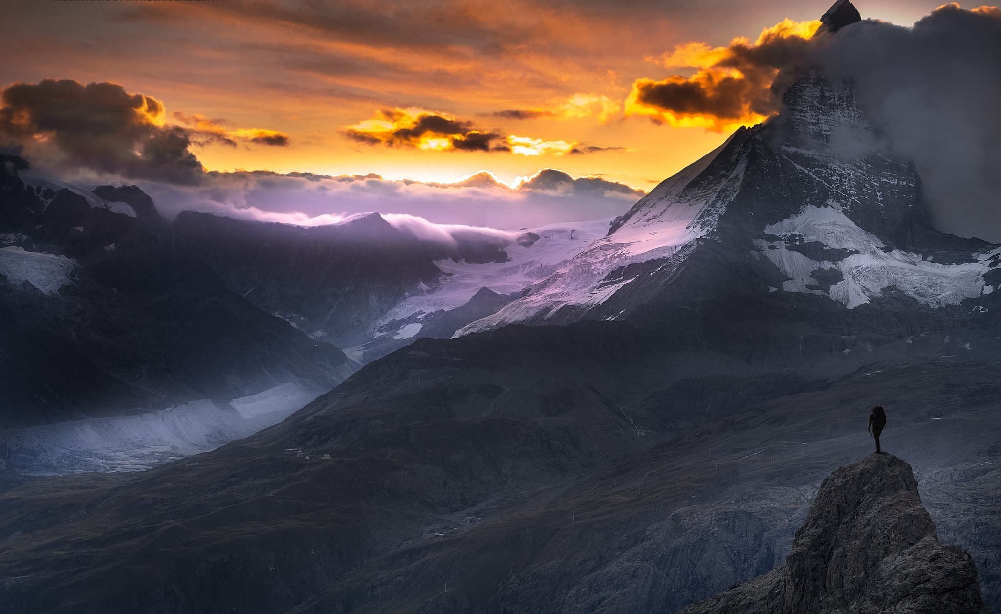 2048x1256 nature, Landscape, Sunset, Matterhorn, Alps, Mountain, Hiking, Snowy Peak,  Clouds, Sky, Switzerland Wallpapers HD / Desktop and Mobile Backgrounds