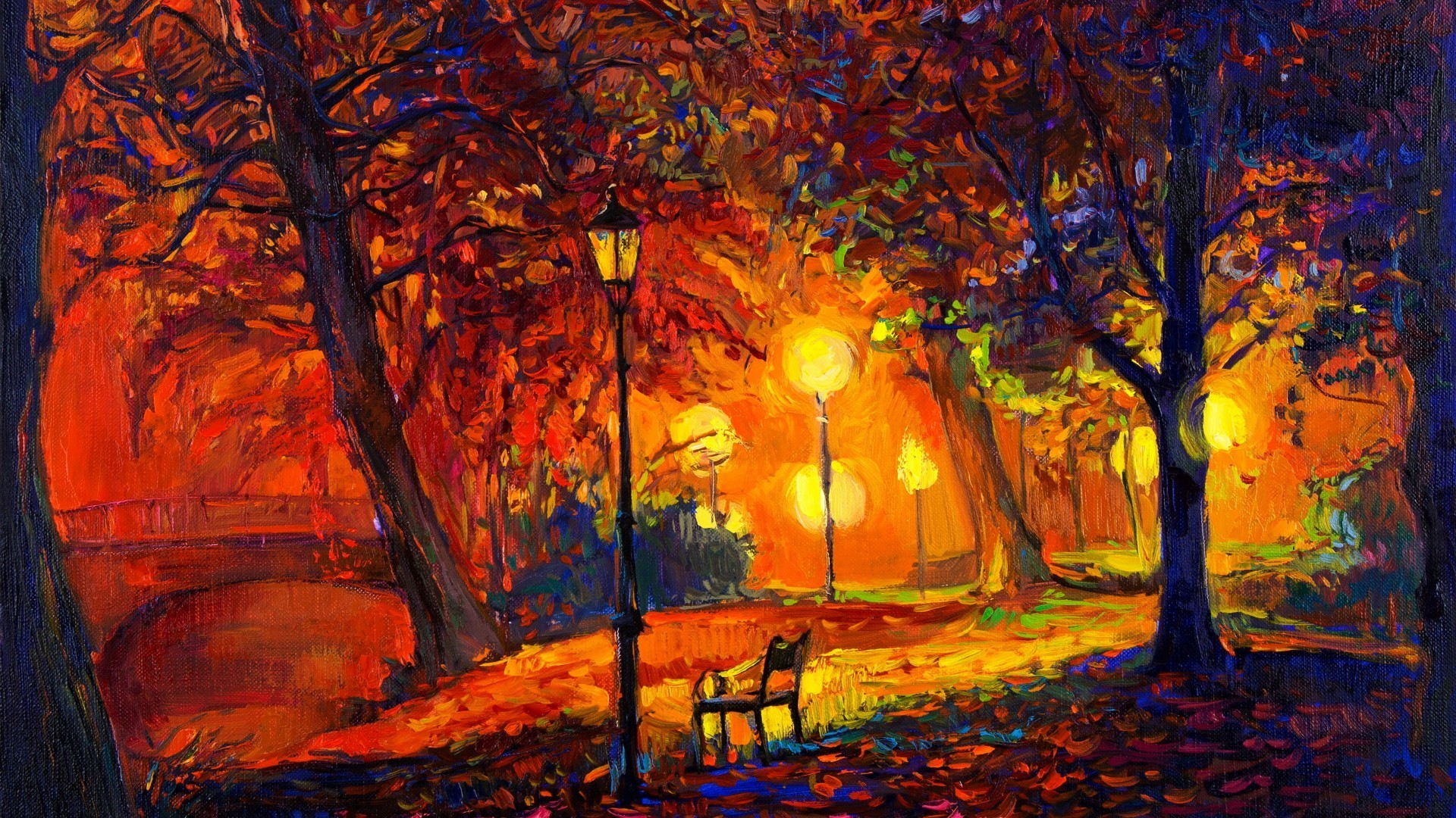 1920x1080 General  digital art nature trees painting park bench lamp fall  leaves modern impressionism artwork
