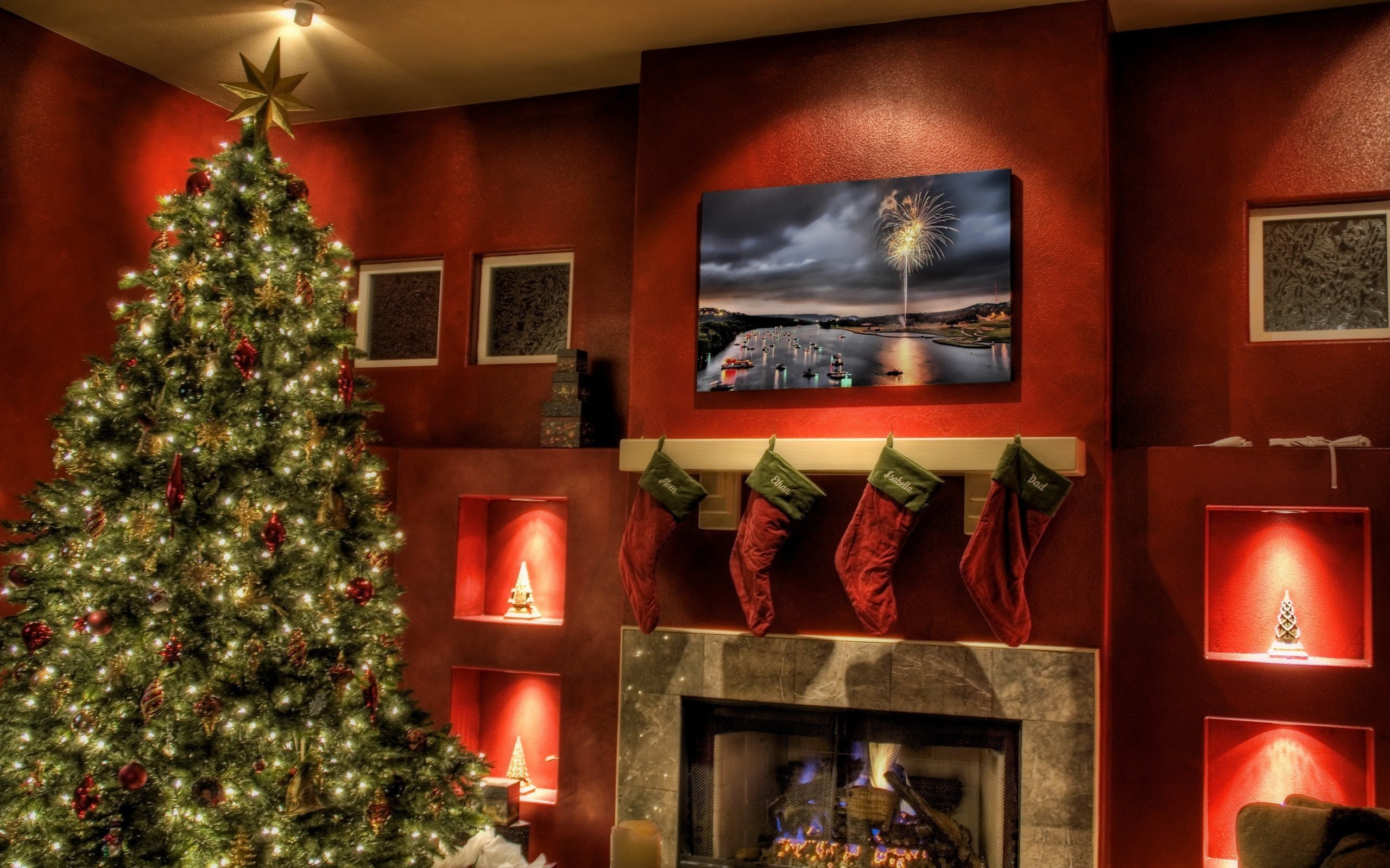 2560x1600 Christmas Tree Next To Fireplace