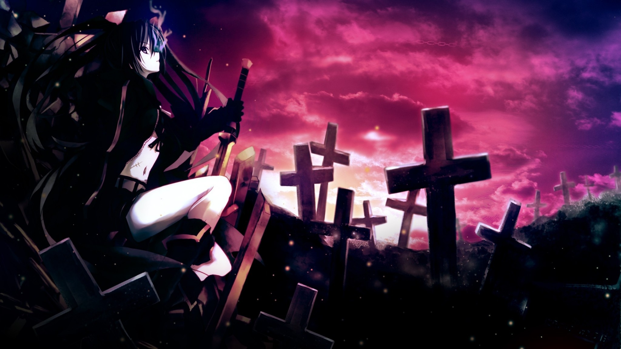 2048x1152 Preview wallpaper anime, girl, thoughtful, sword, cemetery, darkness  